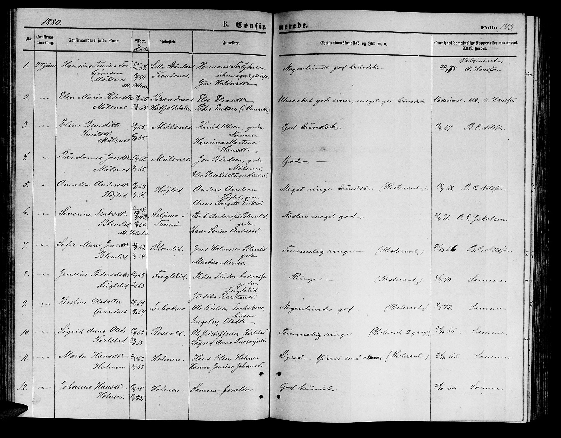 Målselv sokneprestembete, SATØ/S-1311/G/Ga/Gab/L0003klokker: Parish register (copy) no. 3, 1874-1885, p. 143