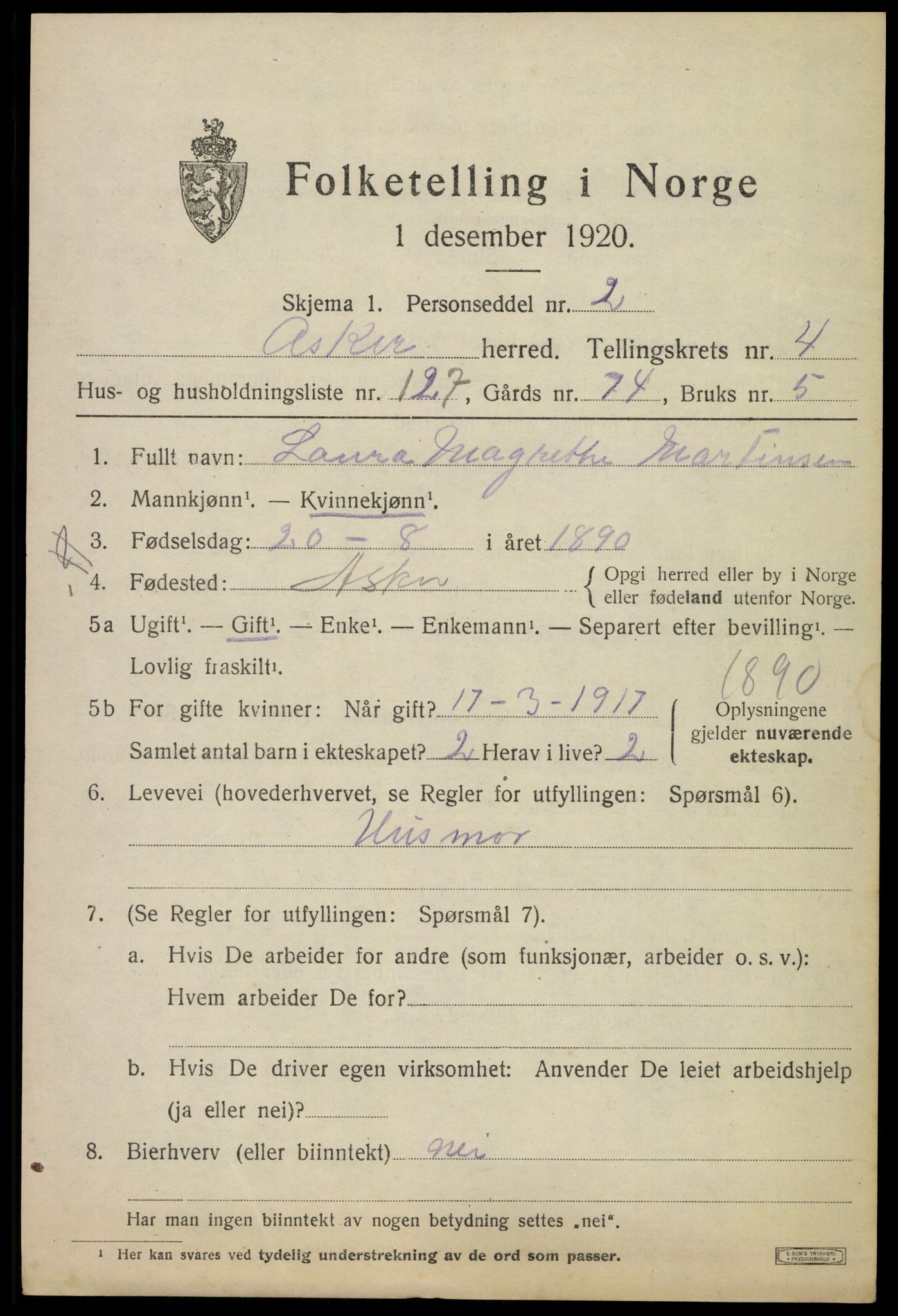 SAO, 1920 census for Asker, 1920, p. 11696