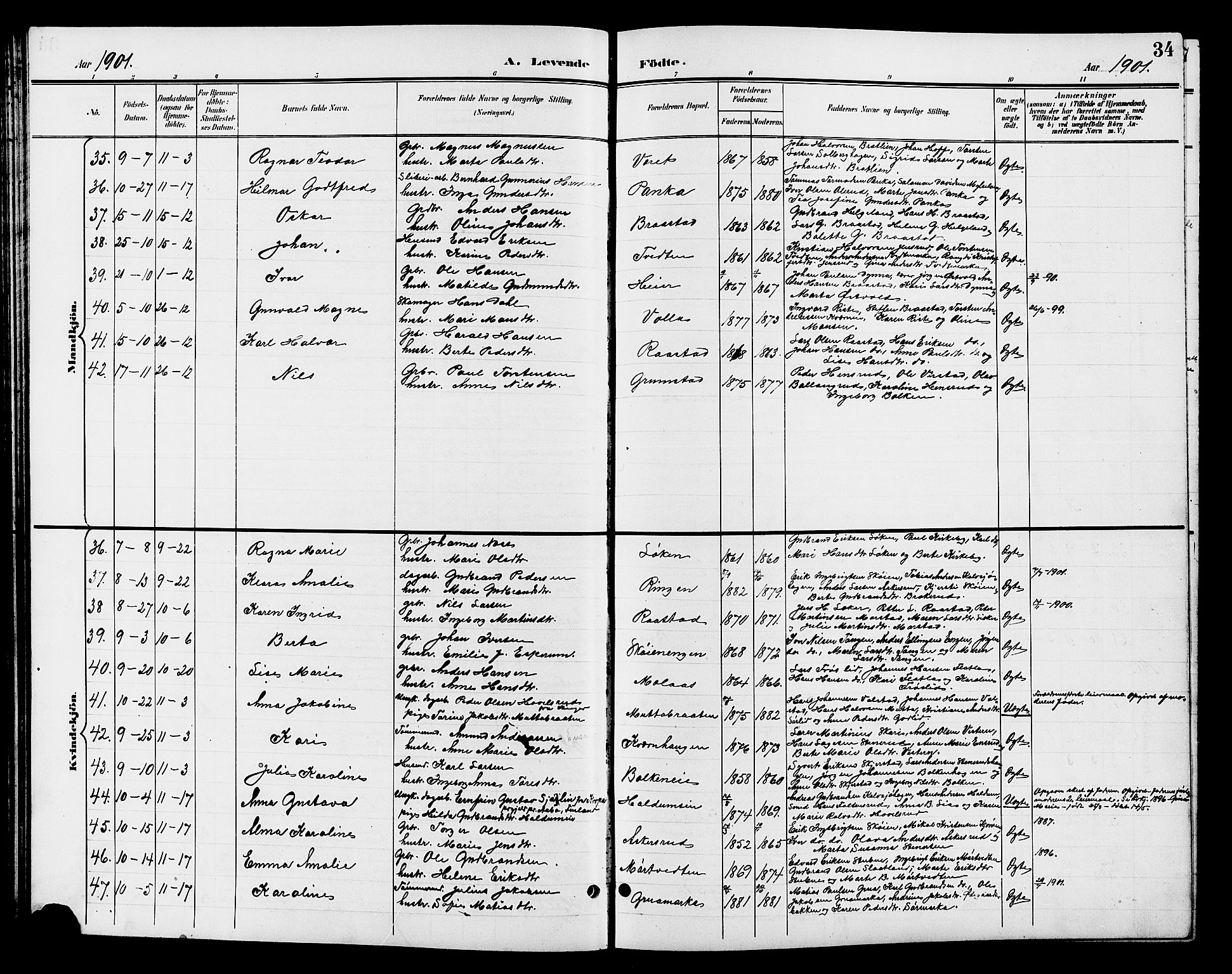 Jevnaker prestekontor, SAH/PREST-116/H/Ha/Hab/L0003: Parish register (copy) no. 3, 1896-1909, p. 34