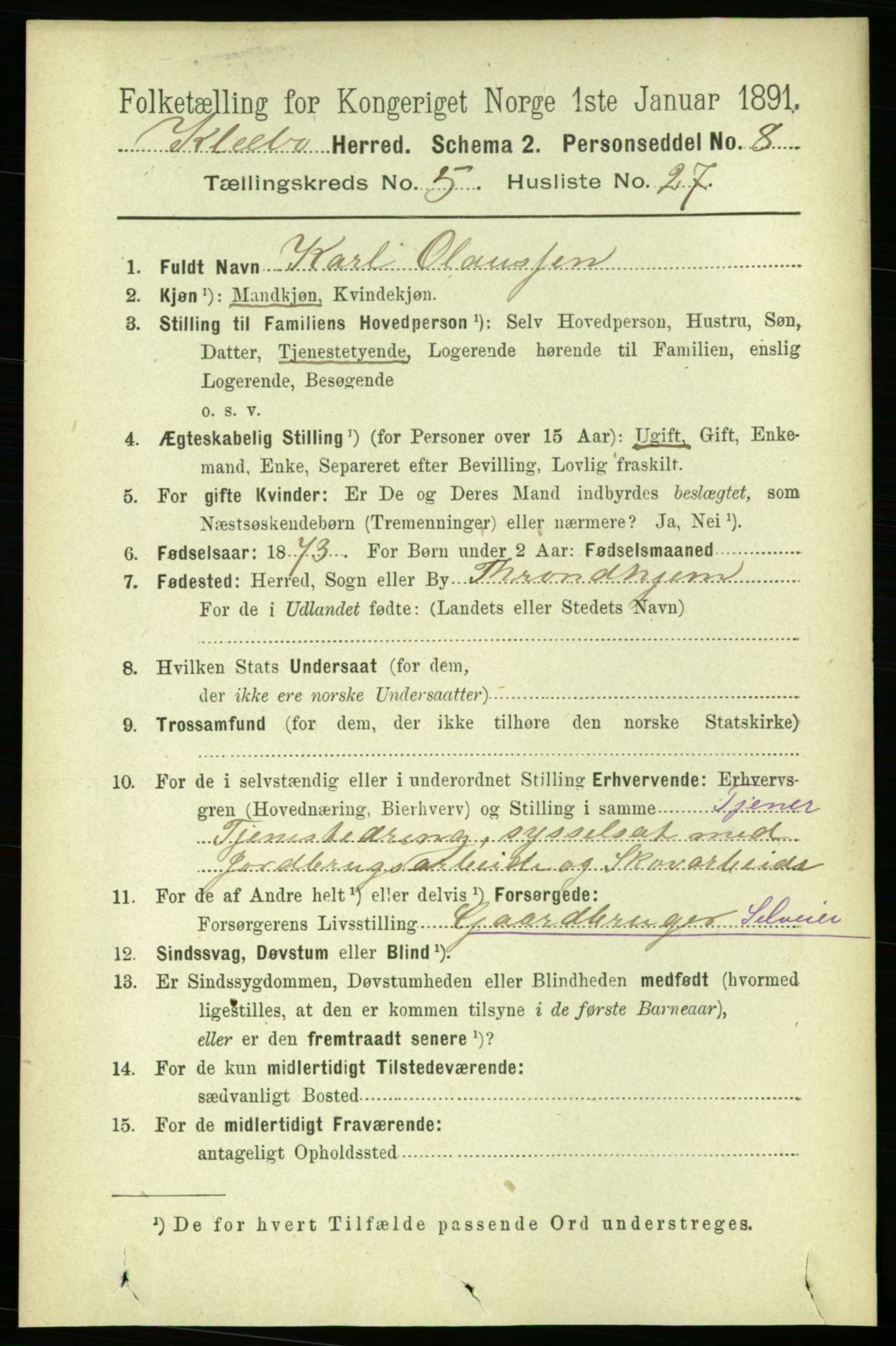 RA, 1891 census for 1662 Klæbu, 1891, p. 1198