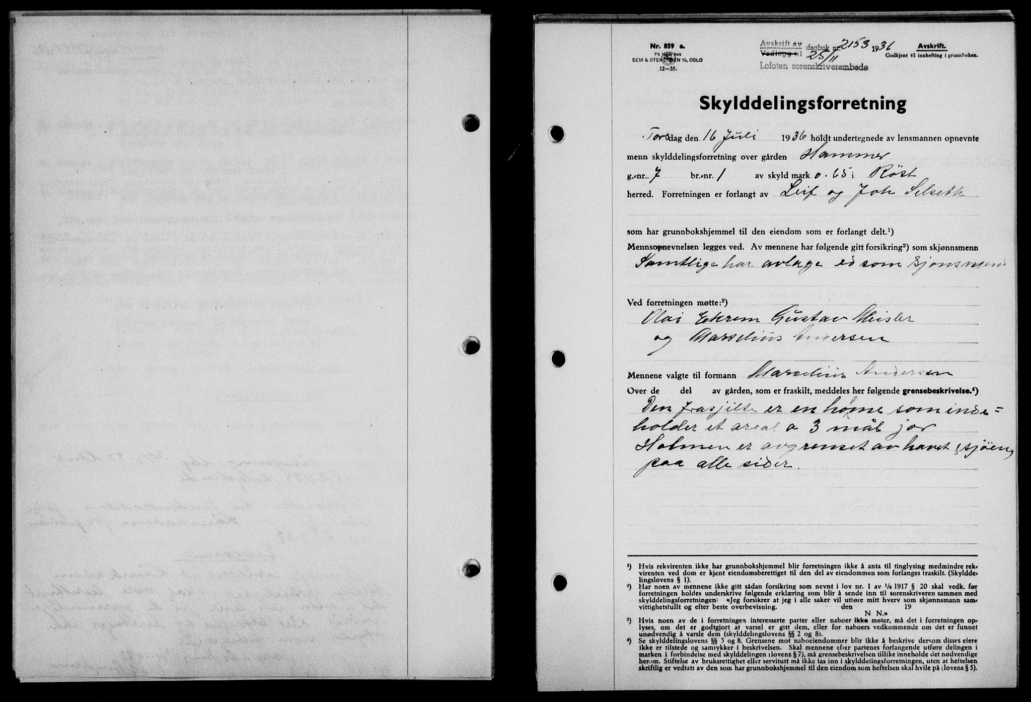 Lofoten sorenskriveri, SAT/A-0017/1/2/2C/L0001a: Mortgage book no. 1a, 1936-1937, Diary no: : 2153/1936