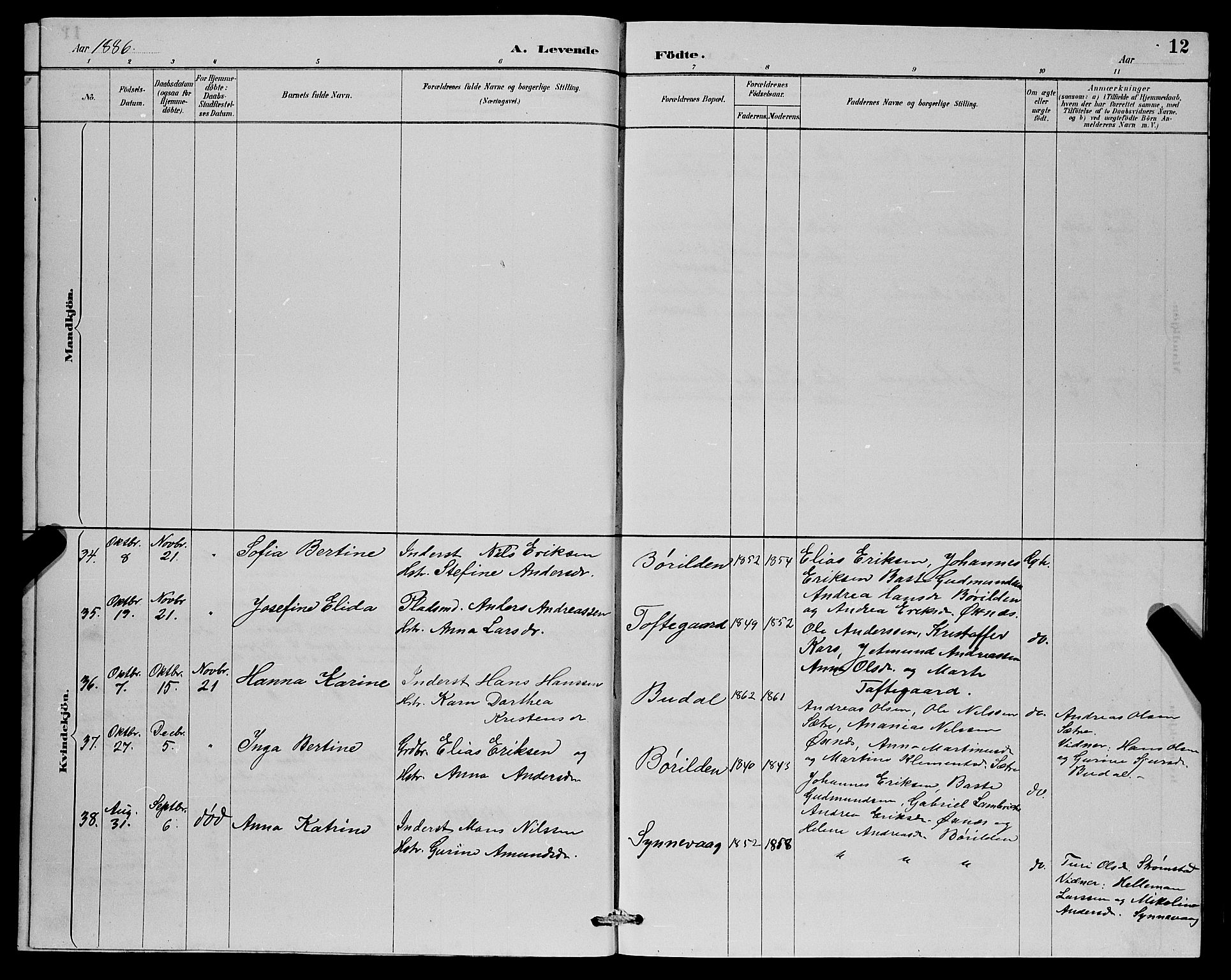 Lindås Sokneprestembete, AV/SAB-A-76701/H/Hab/Habc/L0003: Parish register (copy) no. C 3, 1886-1893, p. 12