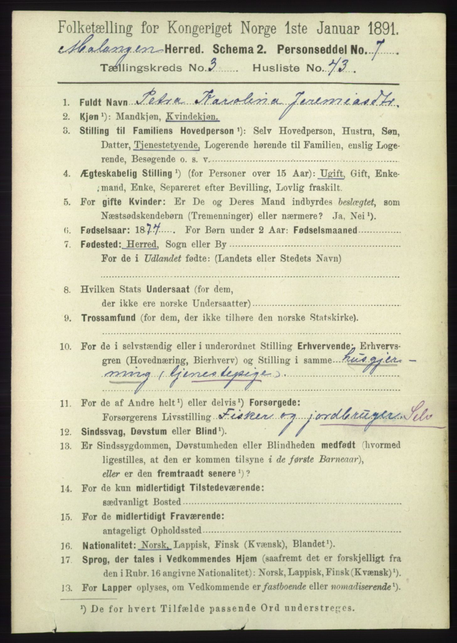 RA, 1891 census for 1932 Malangen, 1891, p. 1033