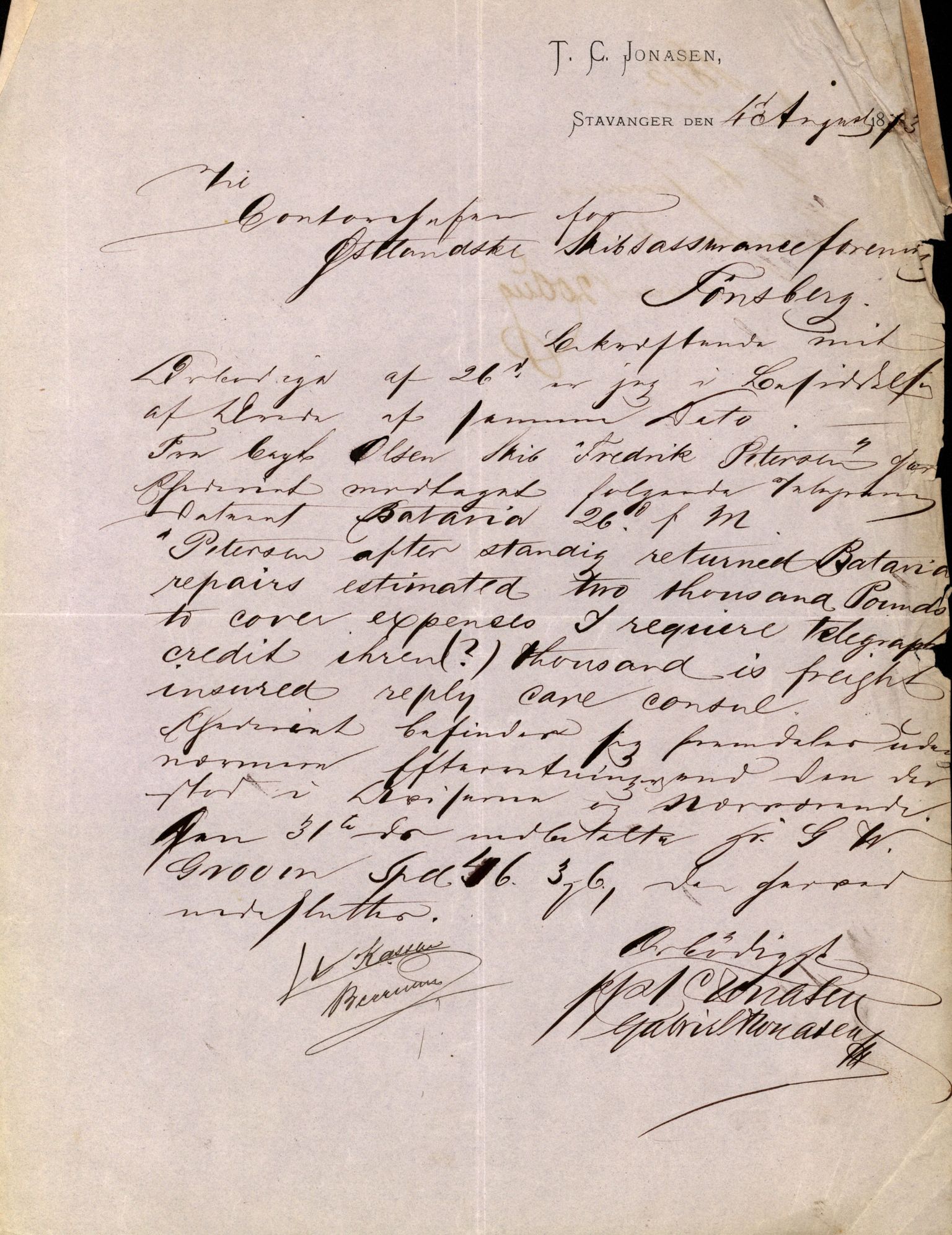 Pa 63 - Østlandske skibsassuranceforening, VEMU/A-1079/G/Ga/L0005/0019: Havaridokumenter / Fredrik Petersen, 1873