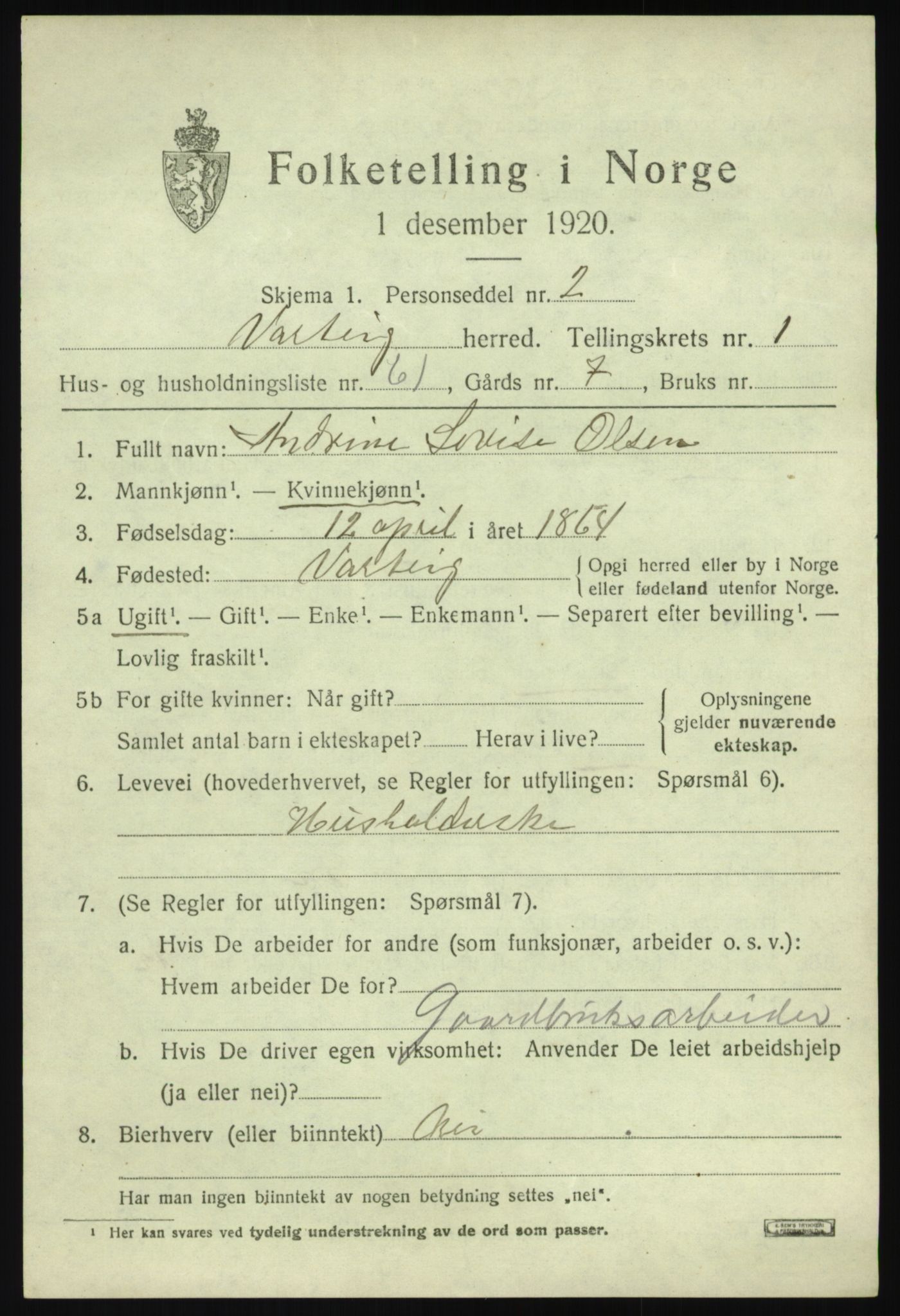 SAO, 1920 census for Varteig, 1920, p. 1131