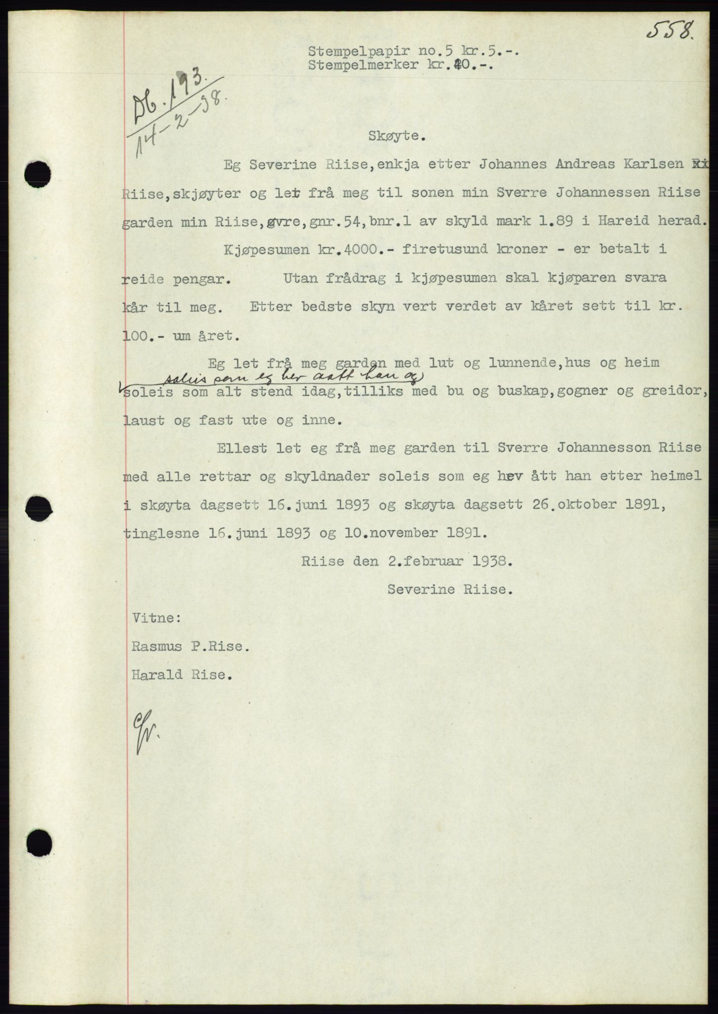 Søre Sunnmøre sorenskriveri, AV/SAT-A-4122/1/2/2C/L0064: Mortgage book no. 58, 1937-1938, Diary no: : 193/1938