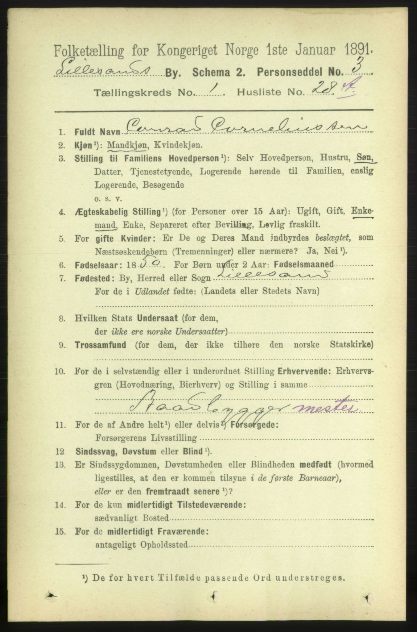 RA, 1891 census for 0905 Lillesand, 1891, p. 173