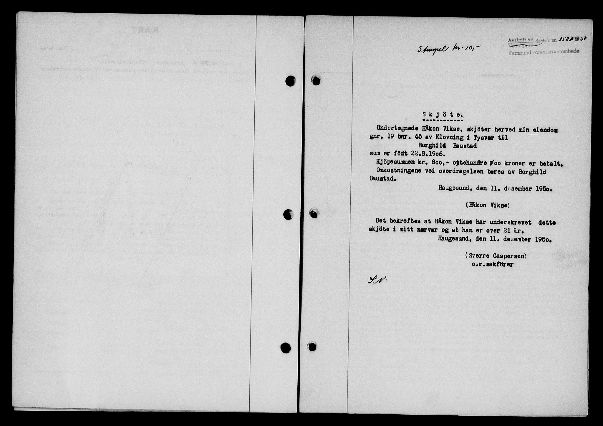 Karmsund sorenskriveri, SAST/A-100311/01/II/IIB/L0101: Mortgage book no. 81A, 1950-1951, Diary no: : 3527/1950