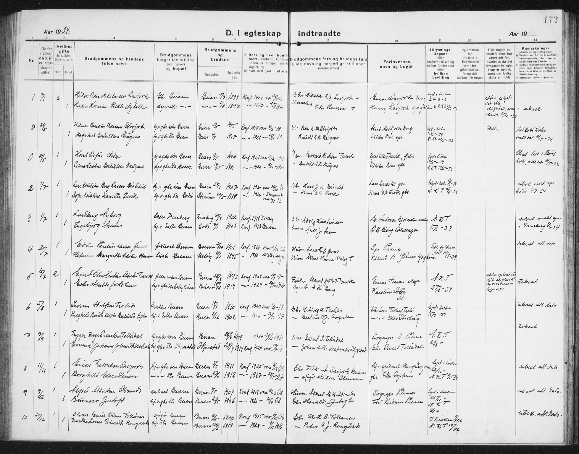 Ministerialprotokoller, klokkerbøker og fødselsregistre - Nordland, AV/SAT-A-1459/846/L0656: Parish register (copy) no. 846C06, 1917-1936, p. 172