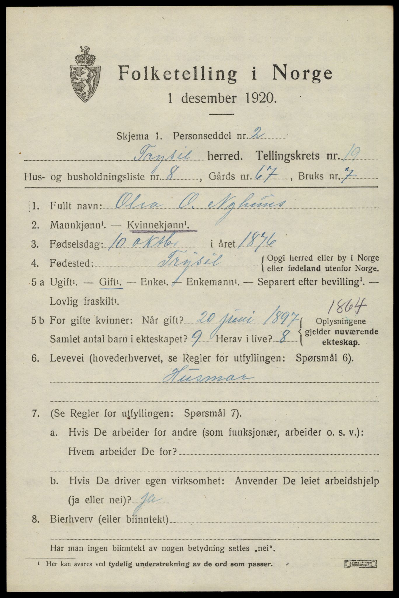 SAH, 1920 census for Trysil, 1920, p. 12817