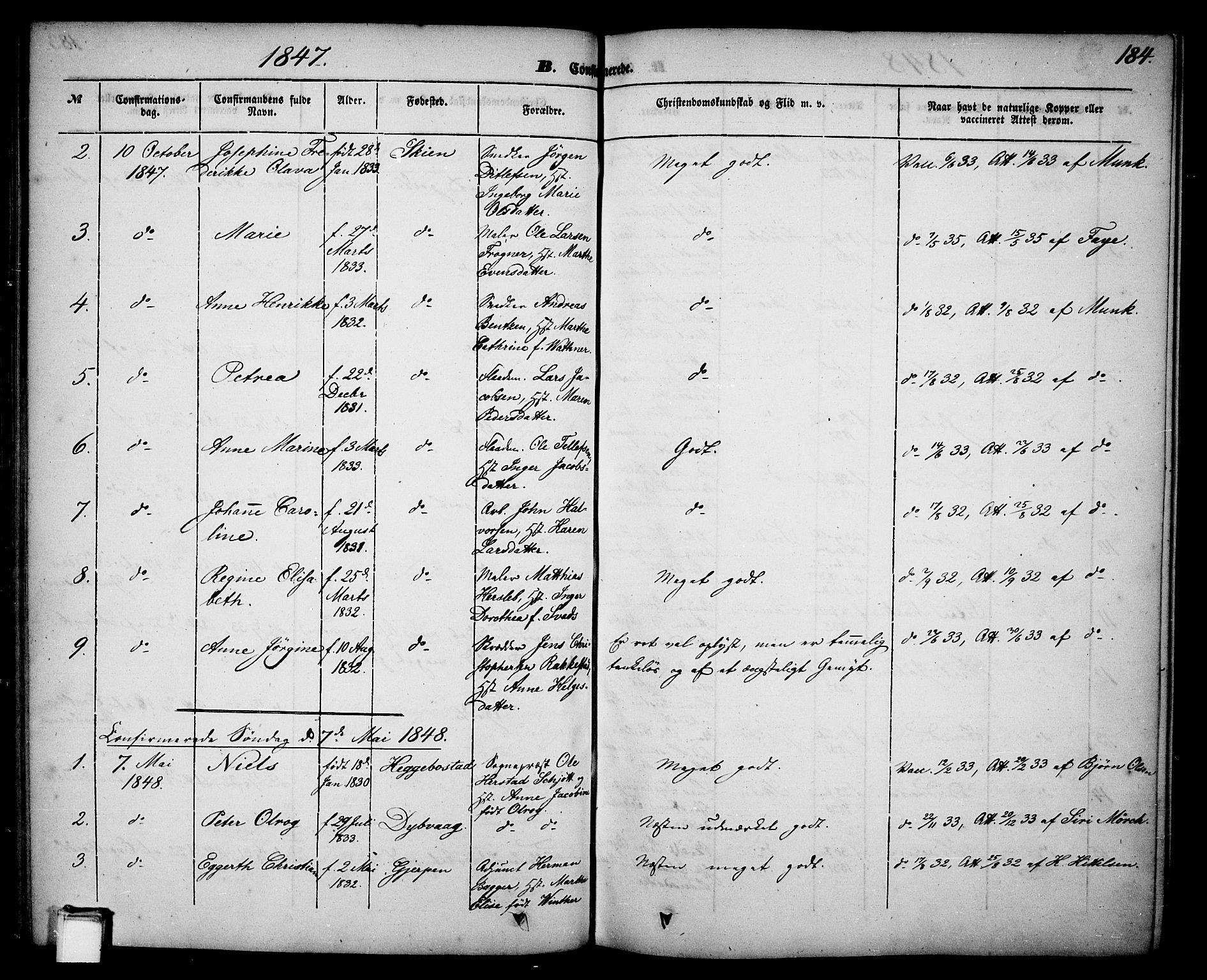 Skien kirkebøker, SAKO/A-302/G/Ga/L0004: Parish register (copy) no. 4, 1843-1867, p. 184