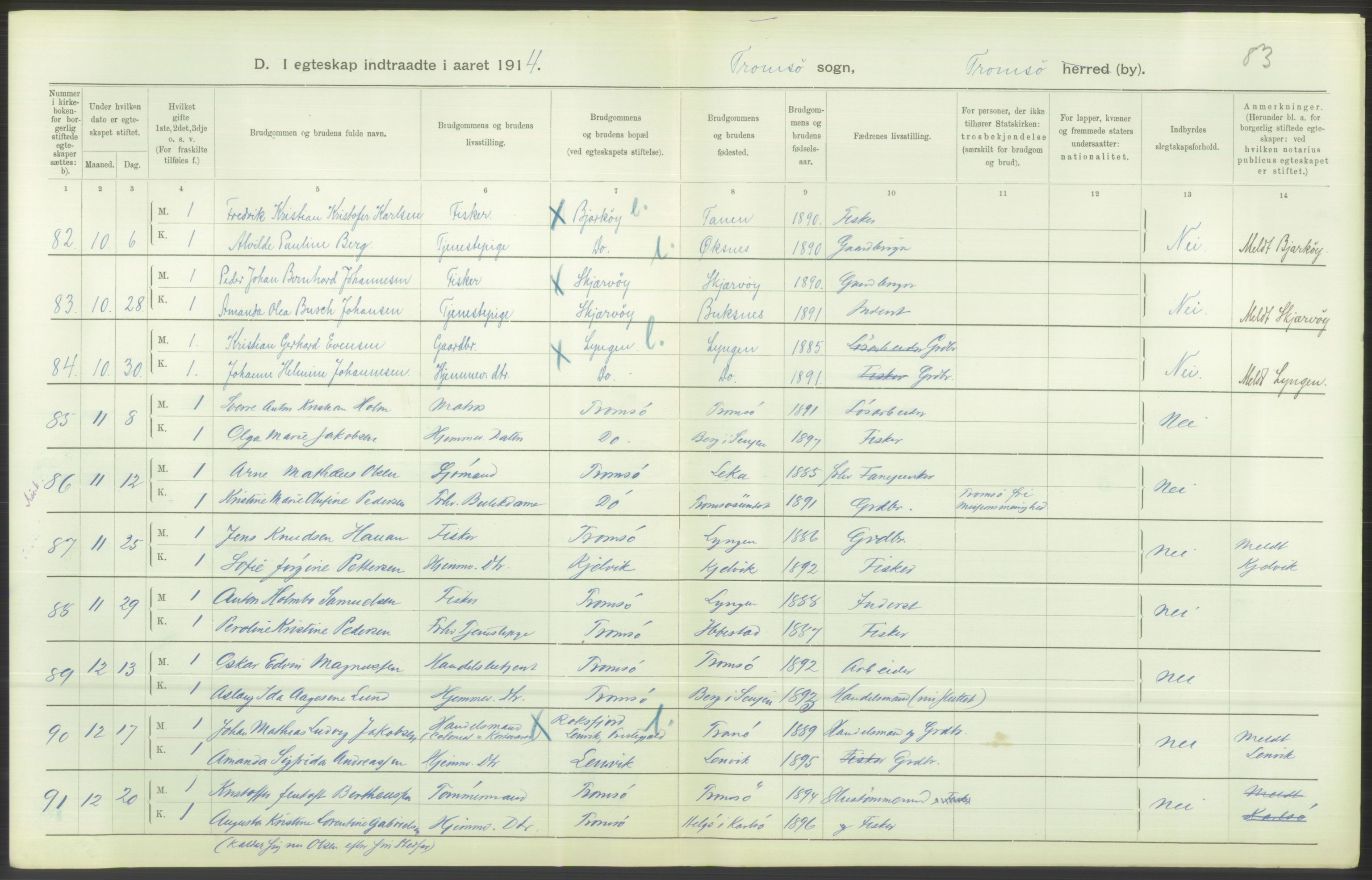 Statistisk sentralbyrå, Sosiodemografiske emner, Befolkning, AV/RA-S-2228/D/Df/Dfb/Dfbd/L0047: Tromsø amt: Gifte, døde, dødfødte. Bygder og byer., 1914, p. 32