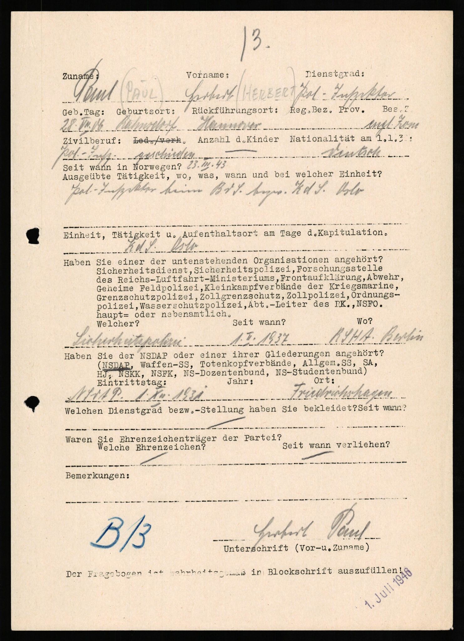 Forsvaret, Forsvarets overkommando II, AV/RA-RAFA-3915/D/Db/L0025: CI Questionaires. Tyske okkupasjonsstyrker i Norge. Tyskere., 1945-1946, p. 438