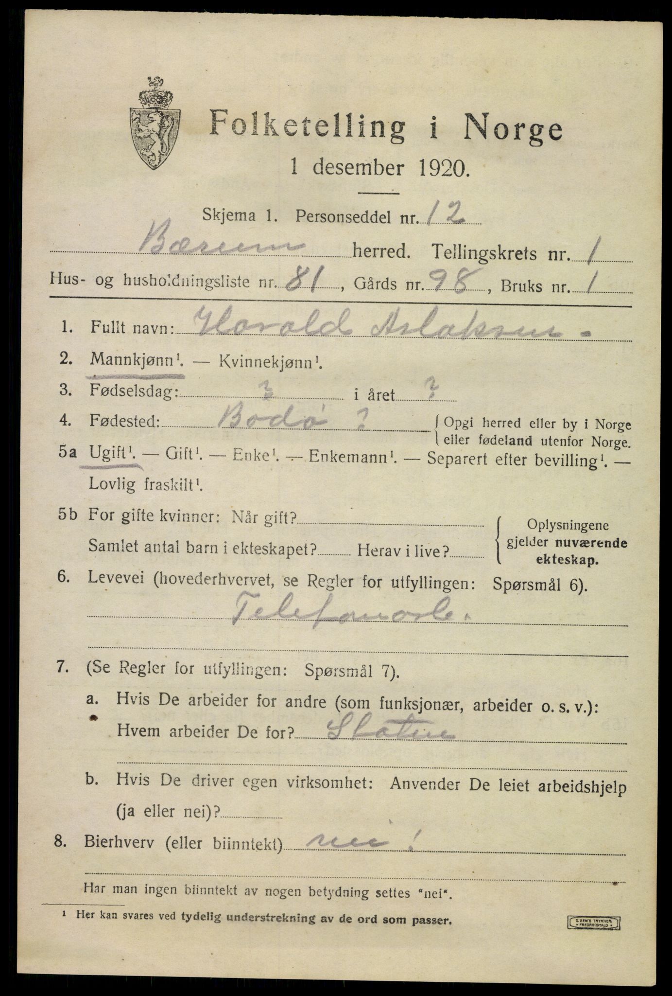 SAO, 1920 census for Bærum, 1920, p. 6136