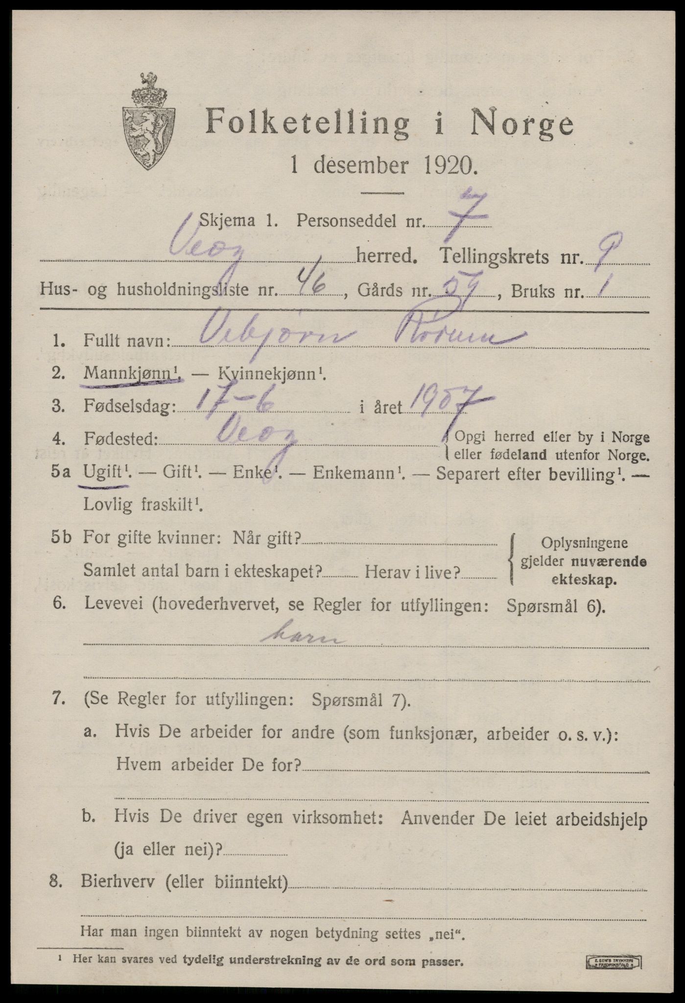 SAT, 1920 census for Veøy, 1920, p. 4707