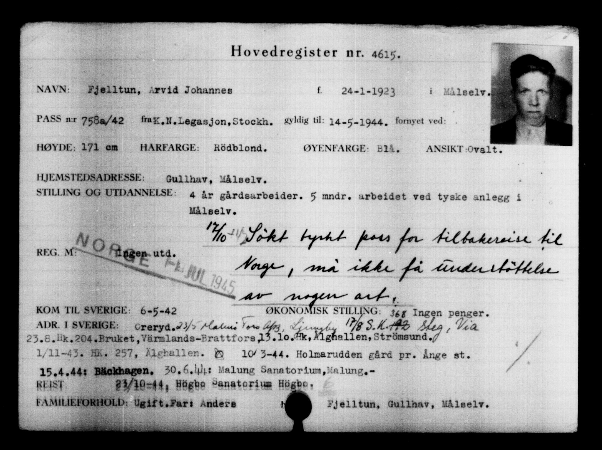 Utenriksstasjonene, Legasjonen i Stockholm, Flyktningkontoret, AV/RA-S-6753/V/Va/L0004: Kjesäterkartoteket, flyktninger med registreringsnr. 3496-6610, 1940-1945, p. 1328