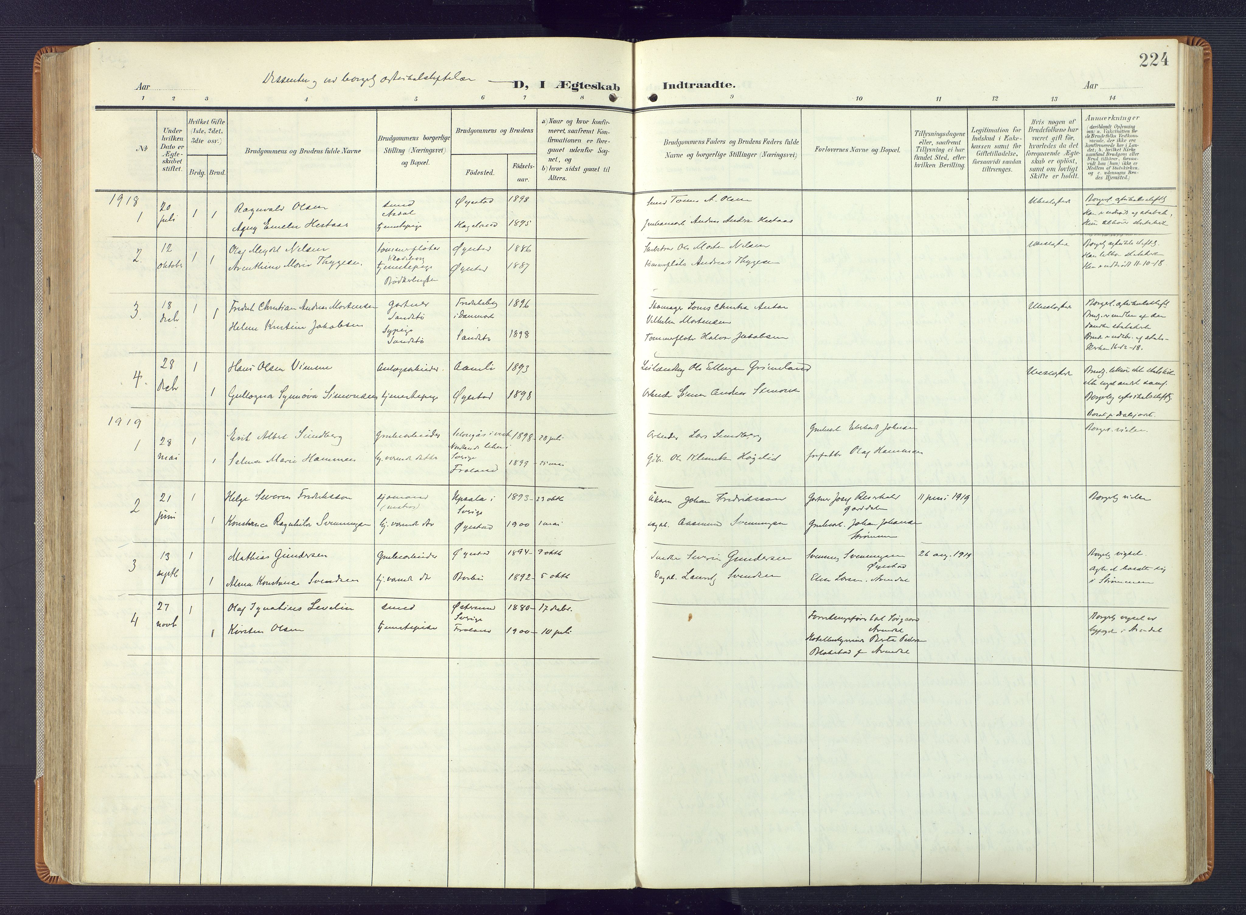 Øyestad sokneprestkontor, AV/SAK-1111-0049/F/Fa/L0019: Parish register (official) no. A 19, 1908-1922, p. 224