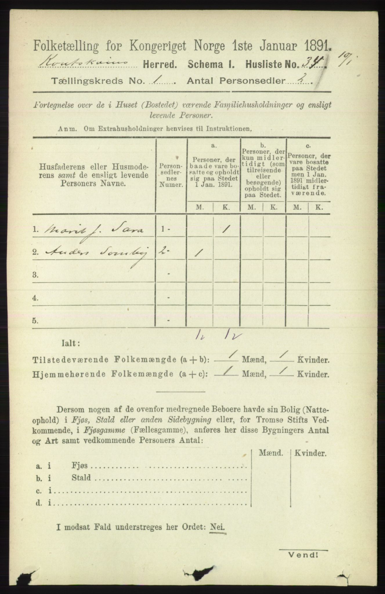 RA, 1891 census for 2011 Kautokeino, 1891, p. 47