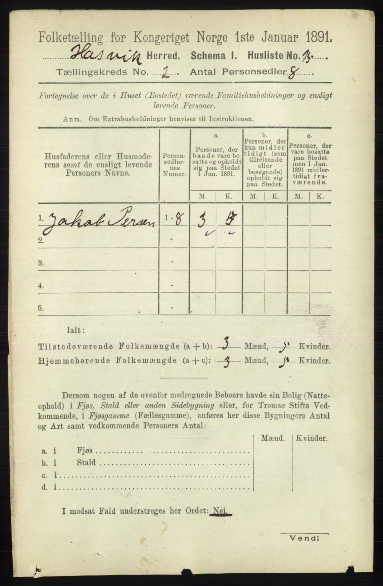 RA, 1891 census for 2015 Hasvik, 1891, p. 275