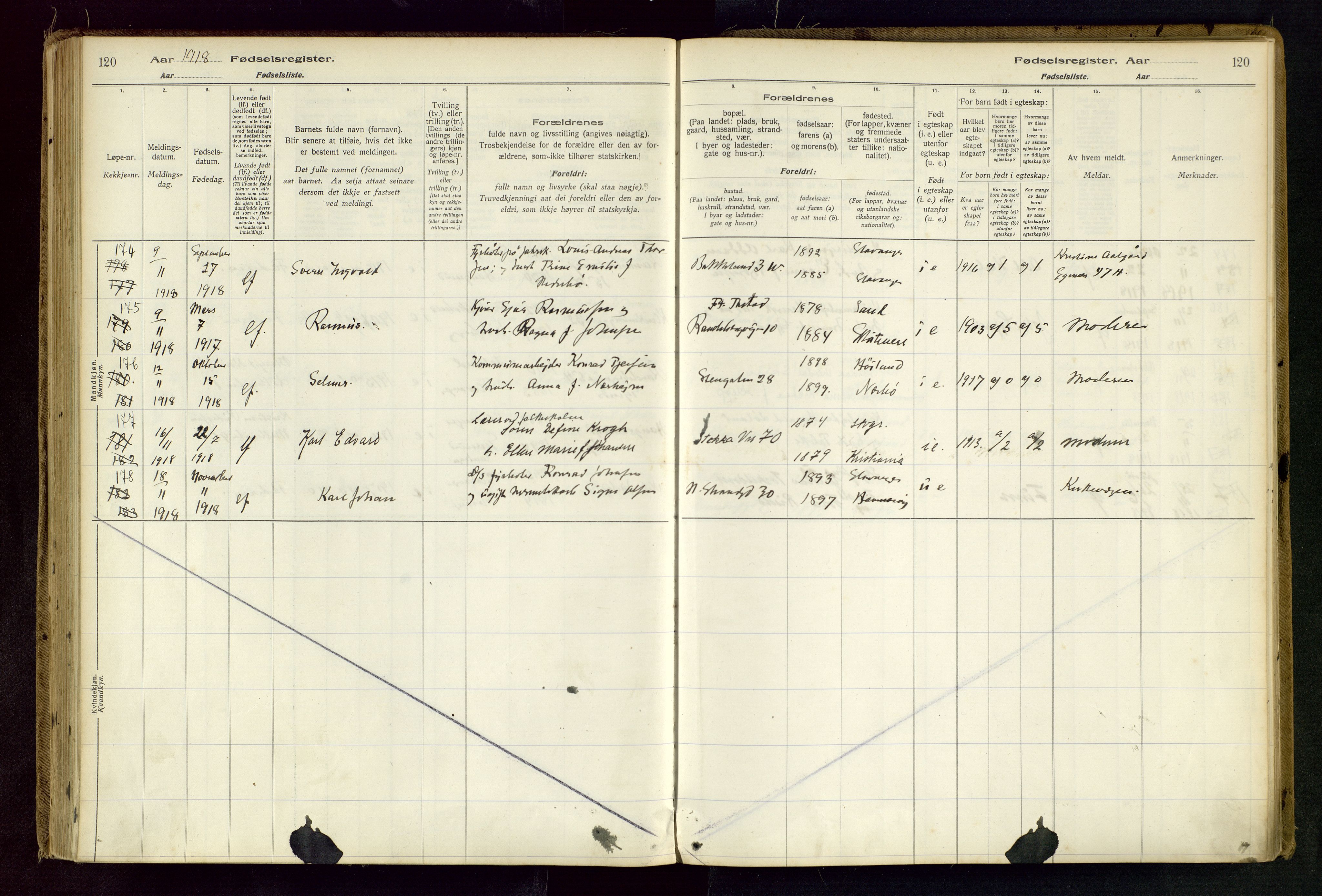 Domkirken sokneprestkontor, AV/SAST-A-101812/002/B/L0001: Birth register no. 1, 1916-1920, p. 120