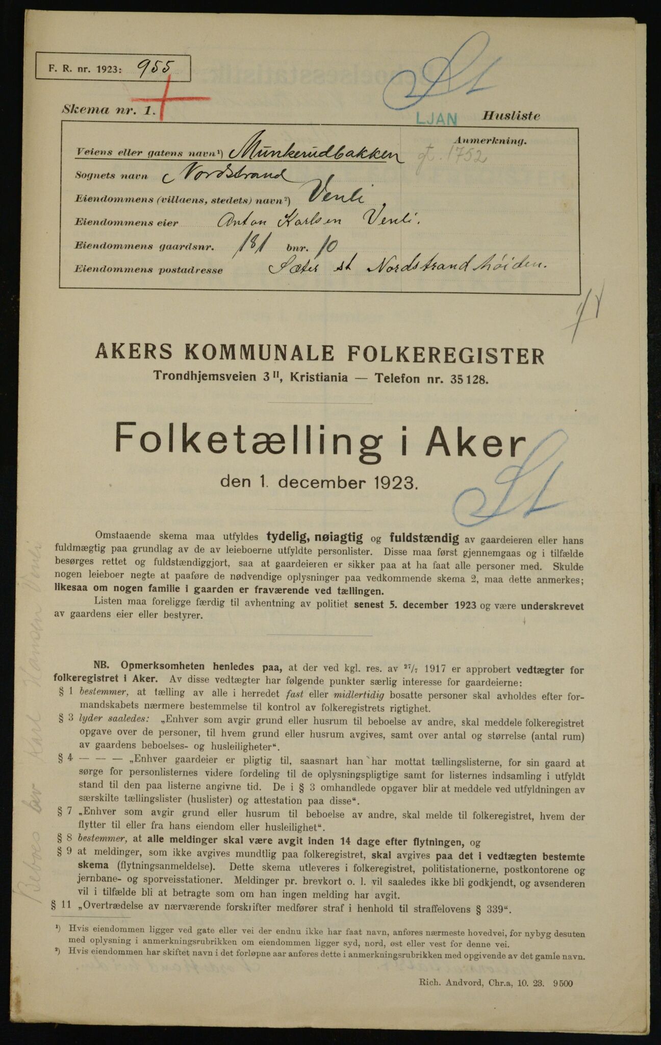 , Municipal Census 1923 for Aker, 1923, p. 42277