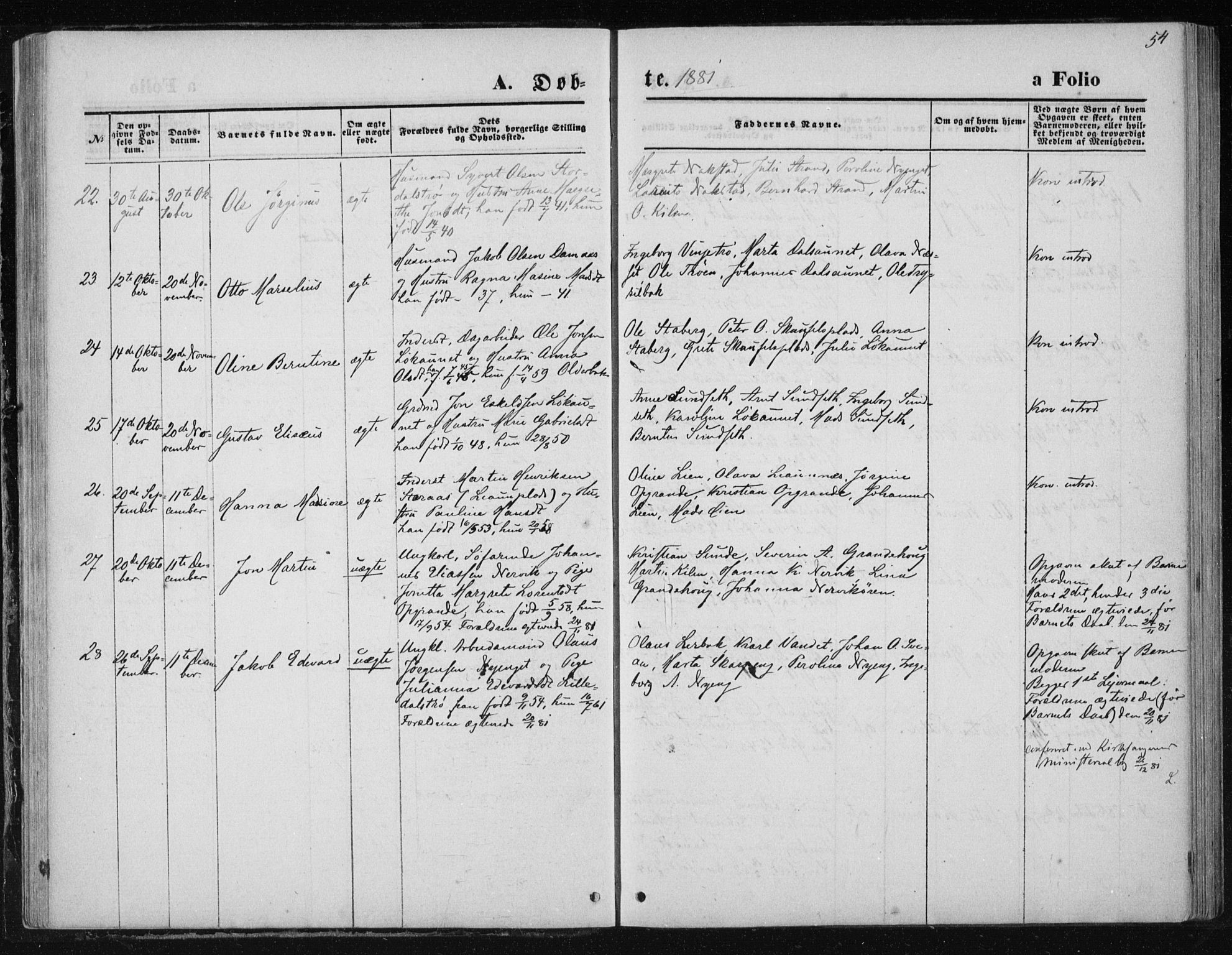 Ministerialprotokoller, klokkerbøker og fødselsregistre - Nord-Trøndelag, AV/SAT-A-1458/733/L0324: Parish register (official) no. 733A03, 1870-1883, p. 54