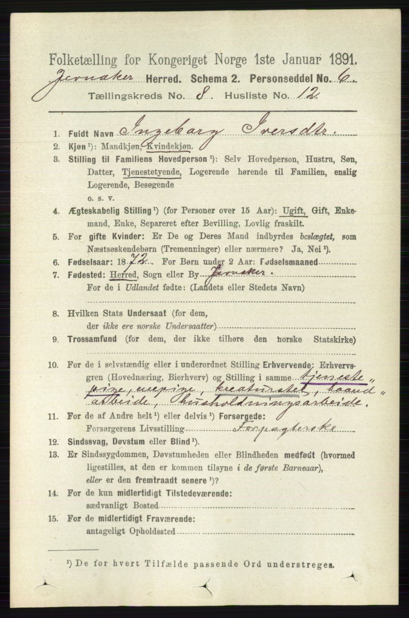 RA, 1891 census for 0532 Jevnaker, 1891, p. 4406