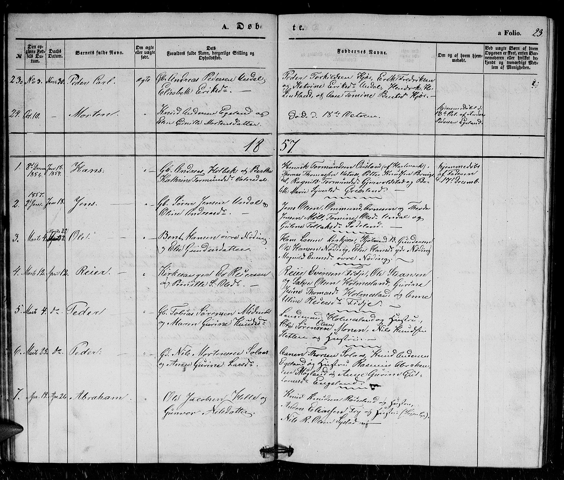 Holum sokneprestkontor, SAK/1111-0022/F/Fb/Fba/L0003: Parish register (copy) no. B 3, 1850-1866, p. 23
