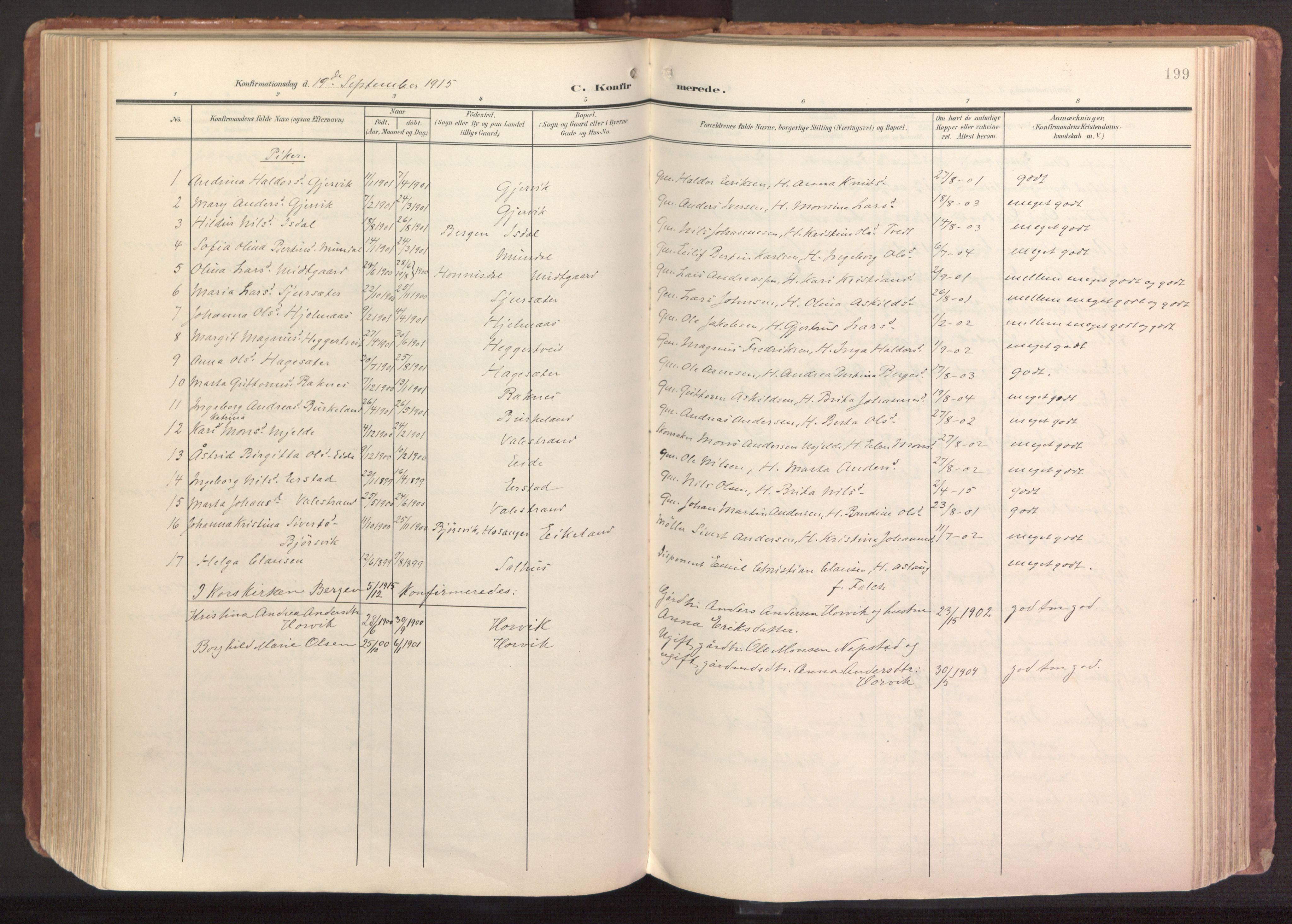 Hamre sokneprestembete, AV/SAB-A-75501/H/Ha/Haa/Haab/L0002: Parish register (official) no. B 2, 1905-1924, p. 199