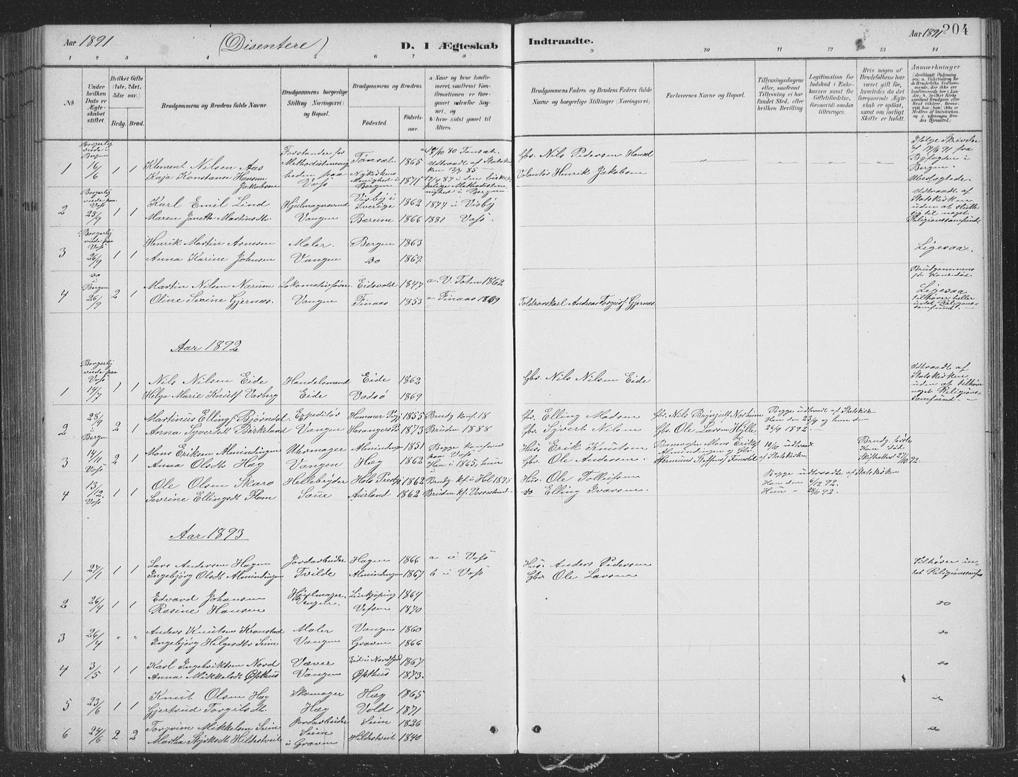 Voss sokneprestembete, SAB/A-79001/H/Hab: Parish register (copy) no. B 3, 1879-1894, p. 204