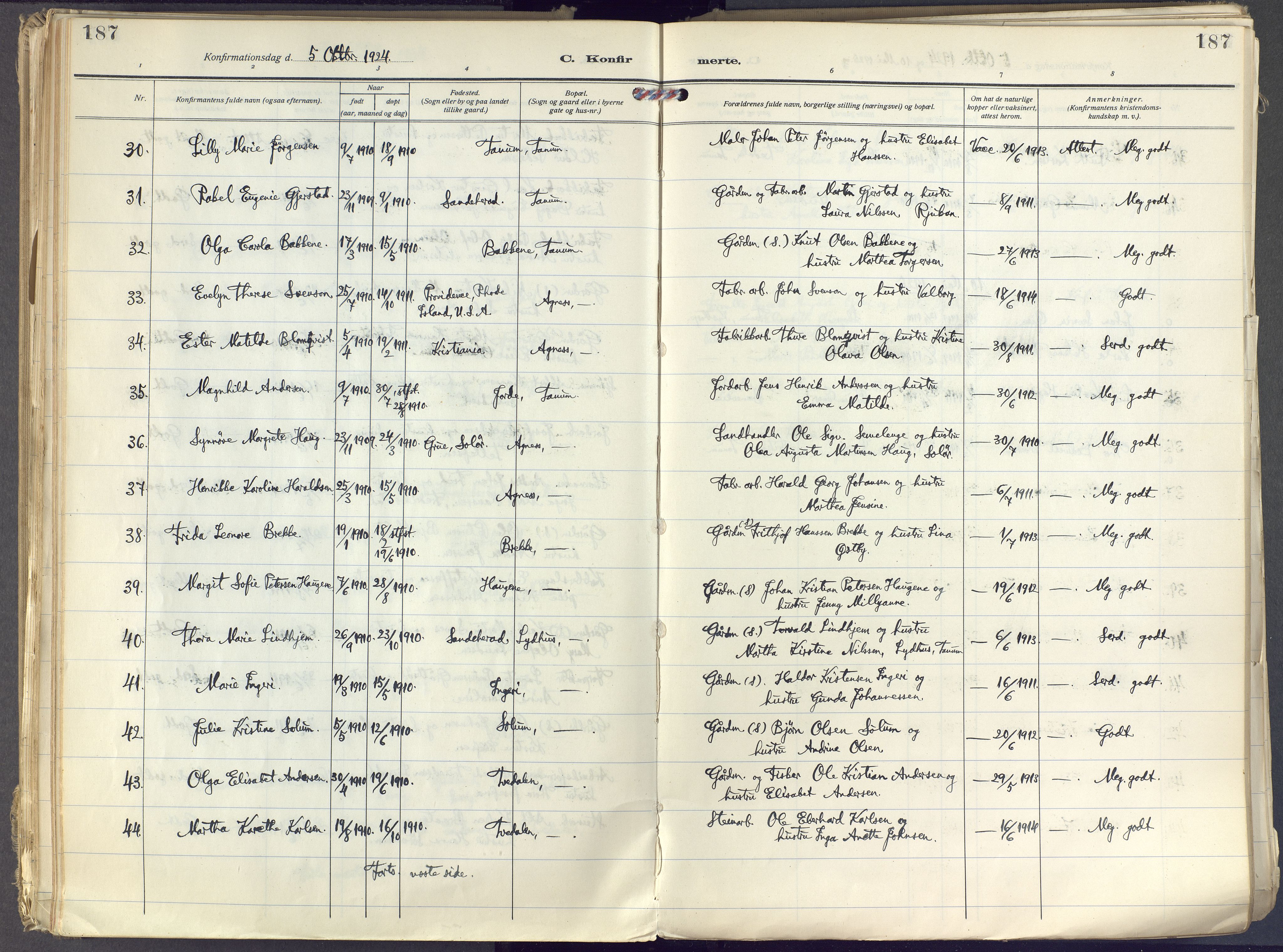 Brunlanes kirkebøker, AV/SAKO-A-342/F/Fc/L0004: Parish register (official) no. III 4, 1923-1943, p. 187