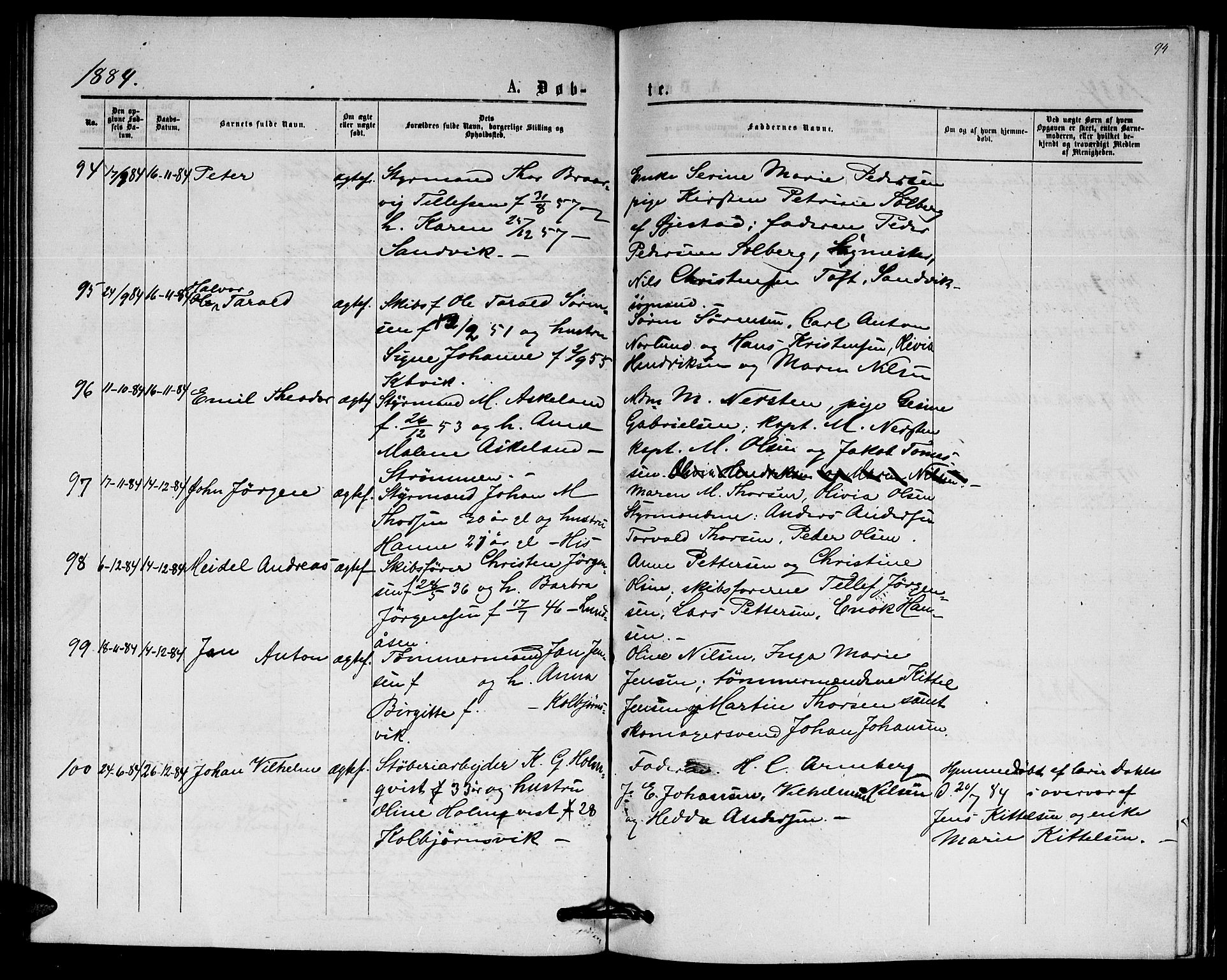 Hisøy sokneprestkontor, SAK/1111-0020/F/Fb/L0002: Parish register (copy) no. B 2, 1873-1885, p. 94