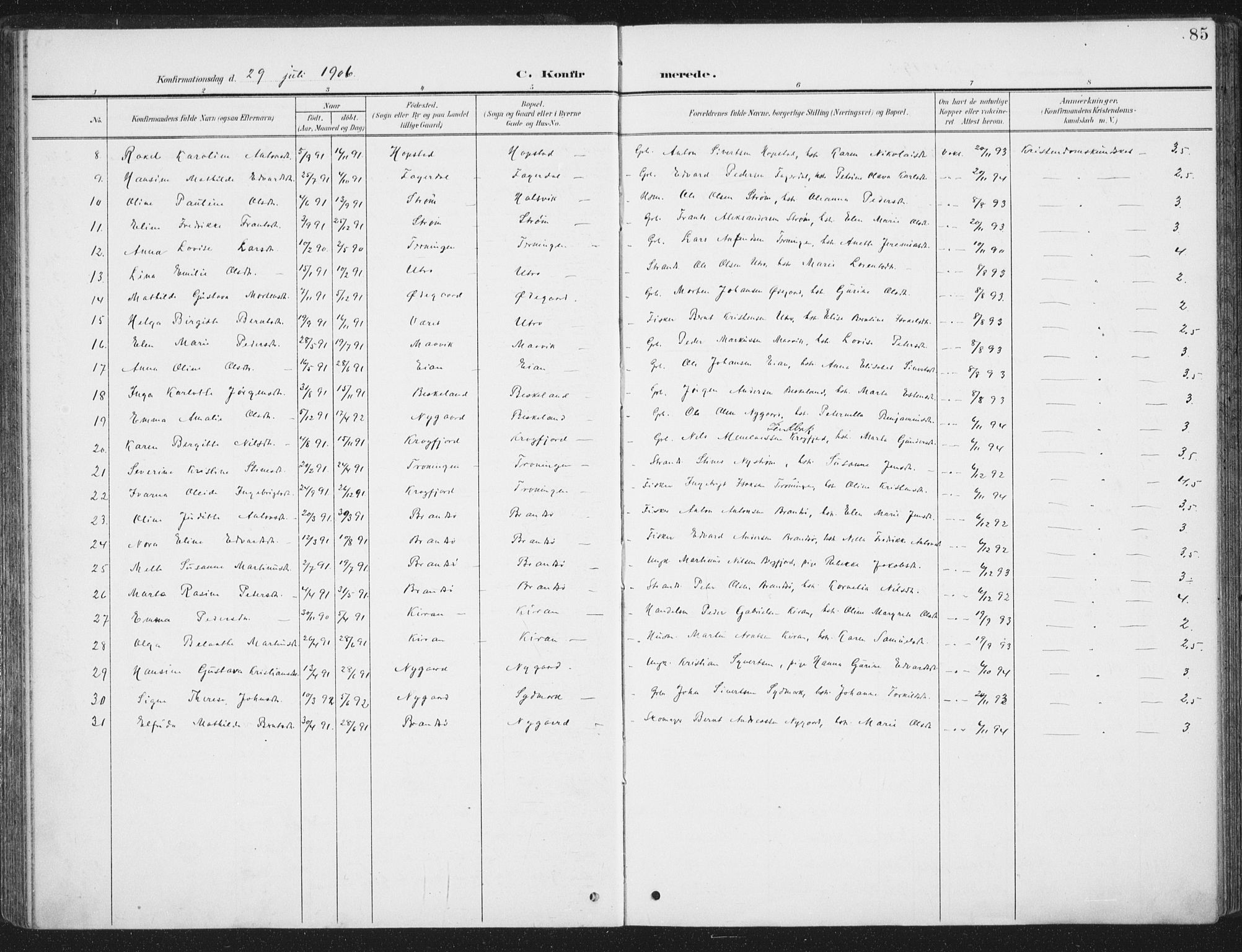 Ministerialprotokoller, klokkerbøker og fødselsregistre - Sør-Trøndelag, SAT/A-1456/657/L0709: Parish register (official) no. 657A10, 1905-1919, p. 85