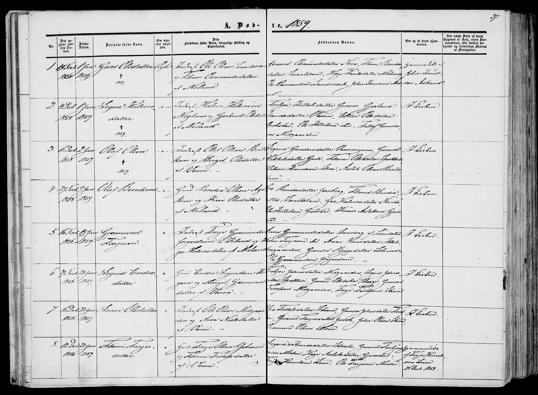 Fyresdal kirkebøker, SAKO/A-263/F/Fa/L0005: Parish register (official) no. I 5, 1855-1871, p. 37
