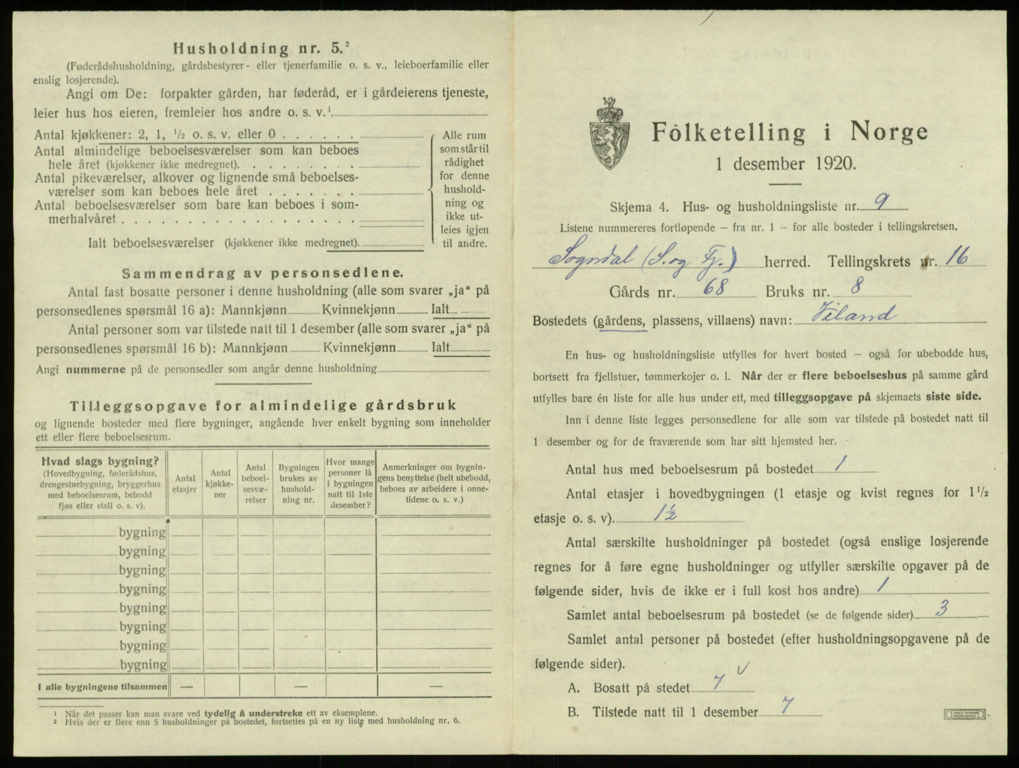 SAB, 1920 census for Sogndal, 1920, p. 870