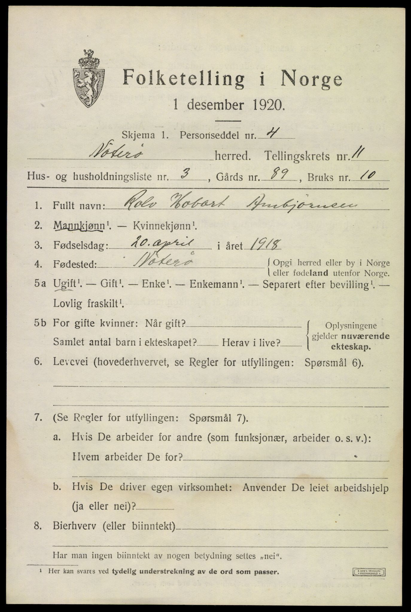 SAKO, 1920 census for Nøtterøy, 1920, p. 13593