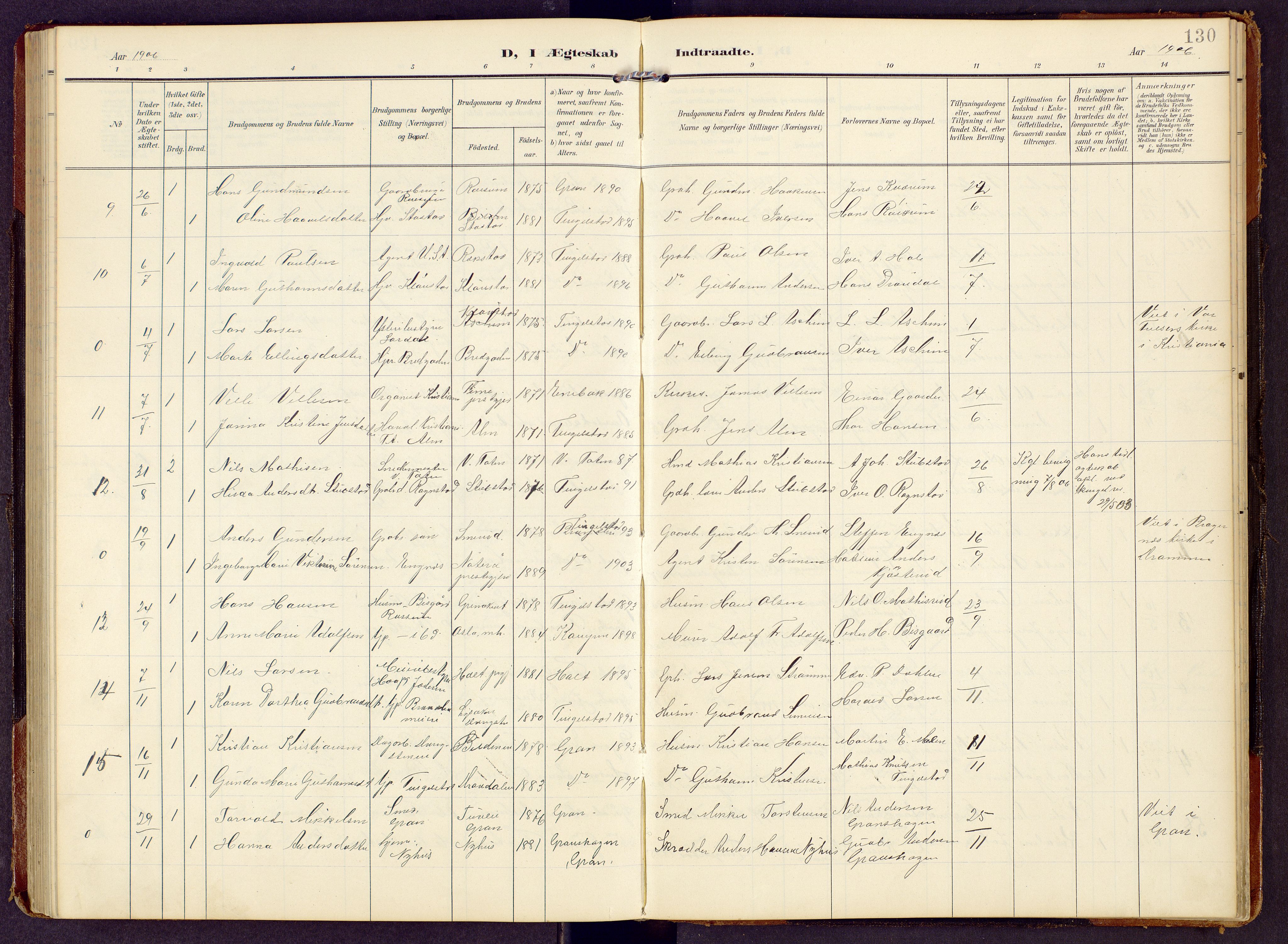 Brandbu prestekontor, SAH/PREST-114/H/Ha/Hab/L0009: Parish register (copy) no. 9, 1903-1916, p. 130