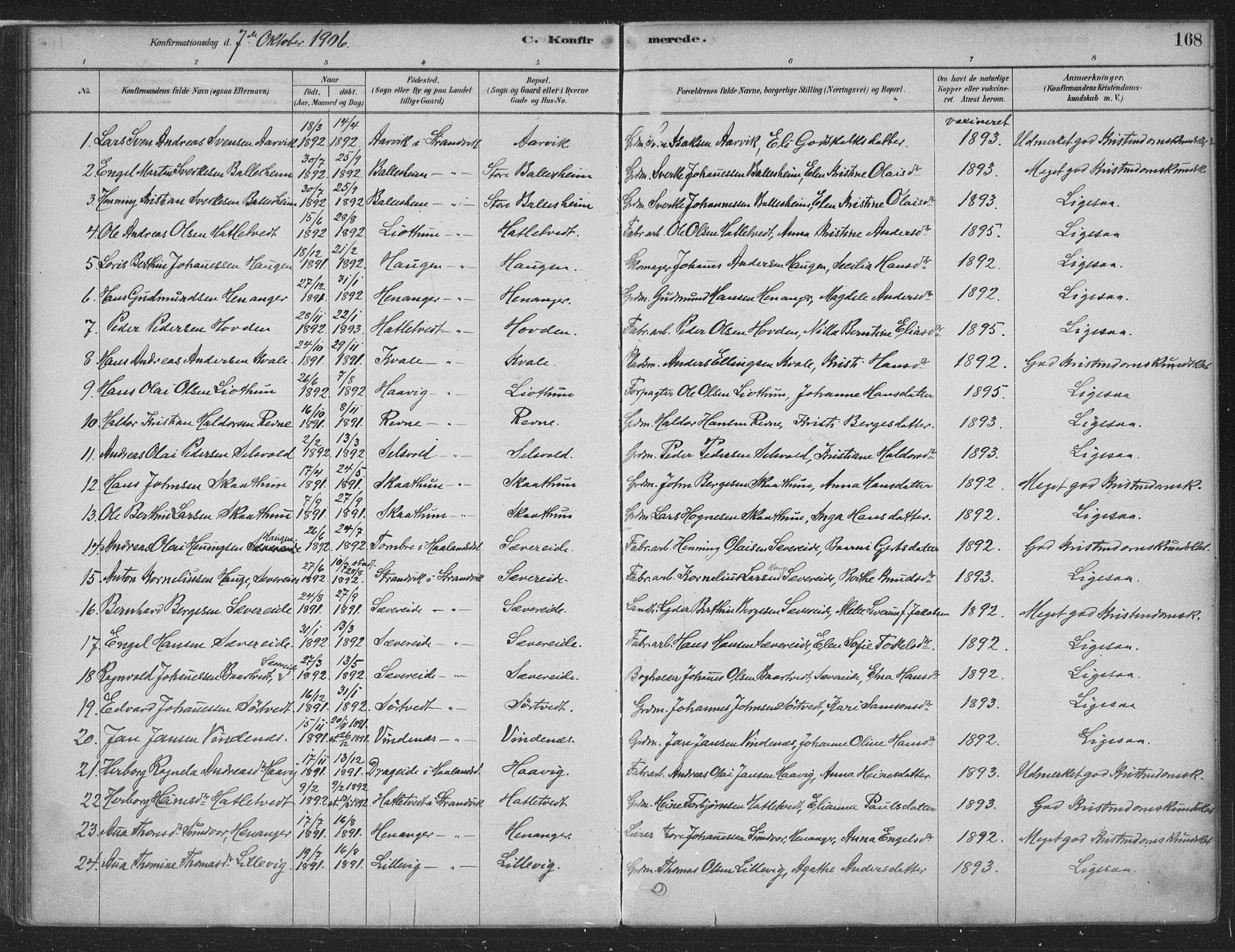 Fusa sokneprestembete, SAB/A-75401/H/Haa: Parish register (official) no. D 1, 1880-1938, p. 168