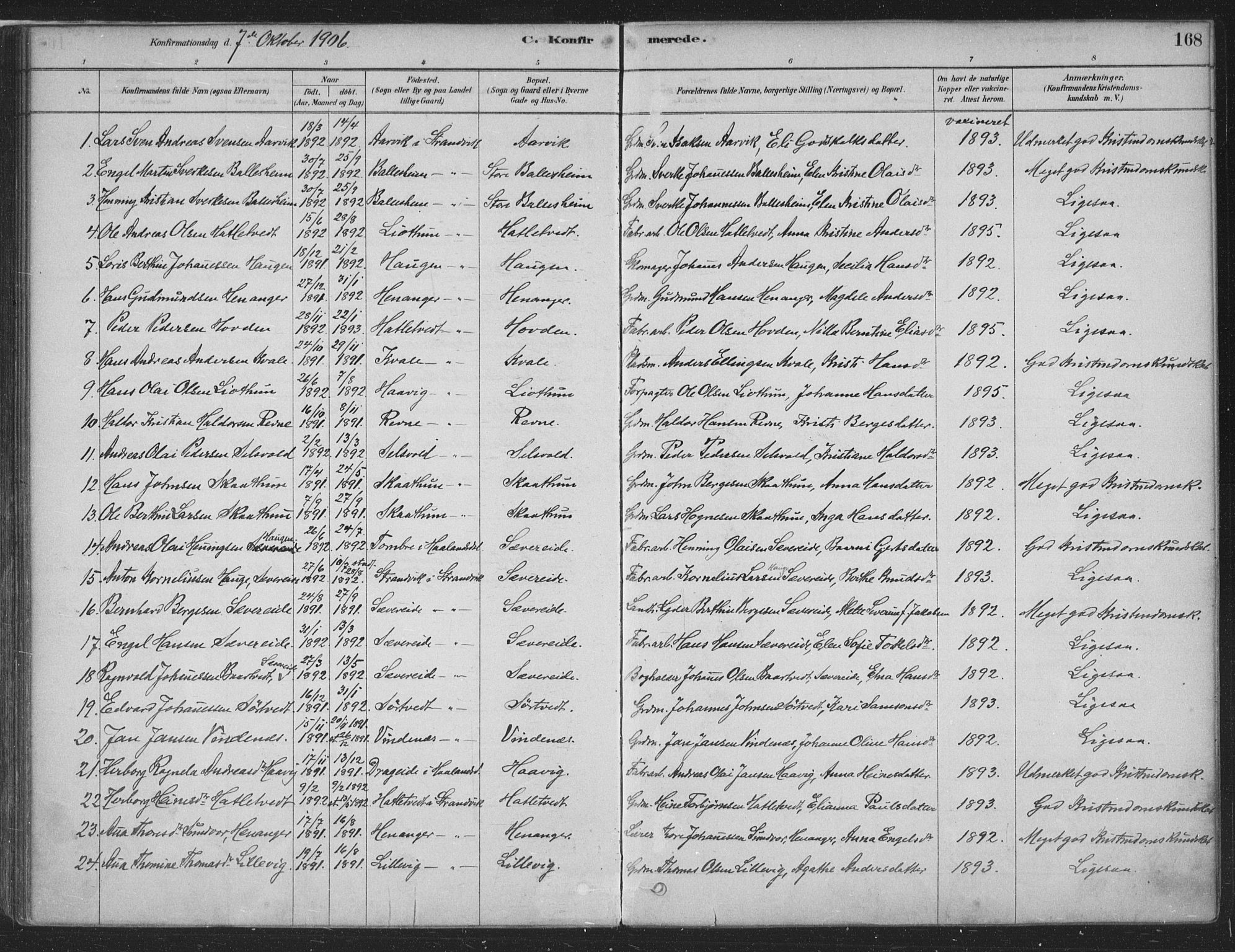 Fusa sokneprestembete, AV/SAB-A-75401/H/Haa: Parish register (official) no. D 1, 1880-1938, p. 168