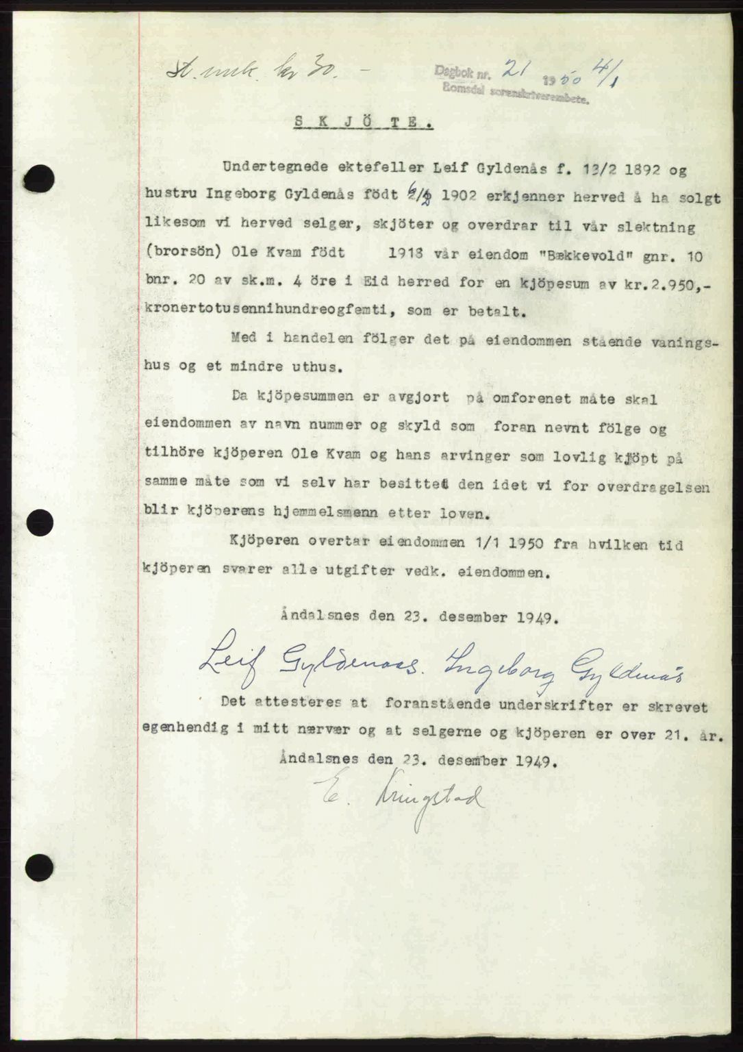 Romsdal sorenskriveri, AV/SAT-A-4149/1/2/2C: Mortgage book no. A32, 1950-1950, Diary no: : 21/1950