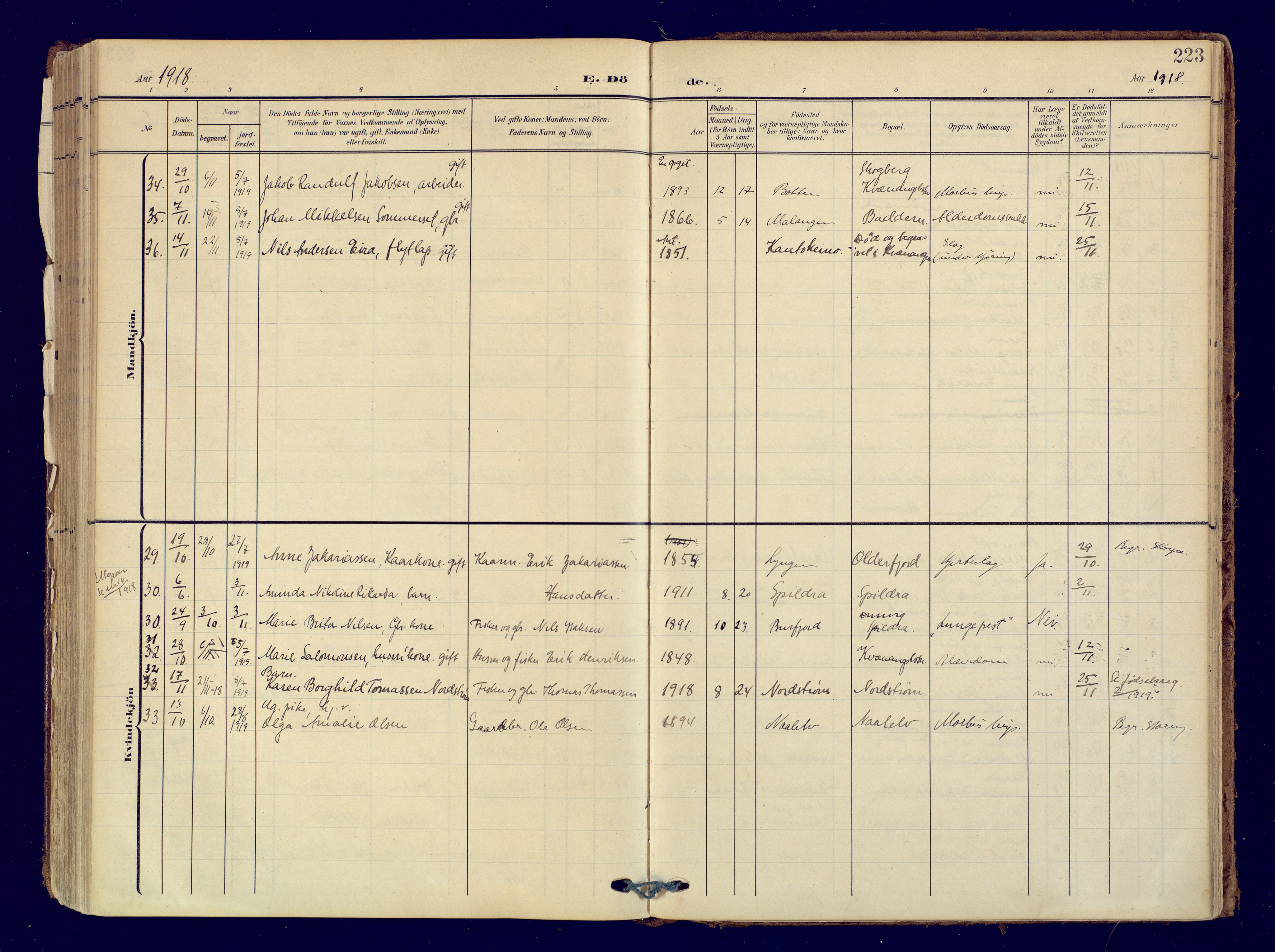 Skjervøy sokneprestkontor, AV/SATØ-S-1300/H/Ha/Haa: Parish register (official) no. 19, 1908-1936, p. 223