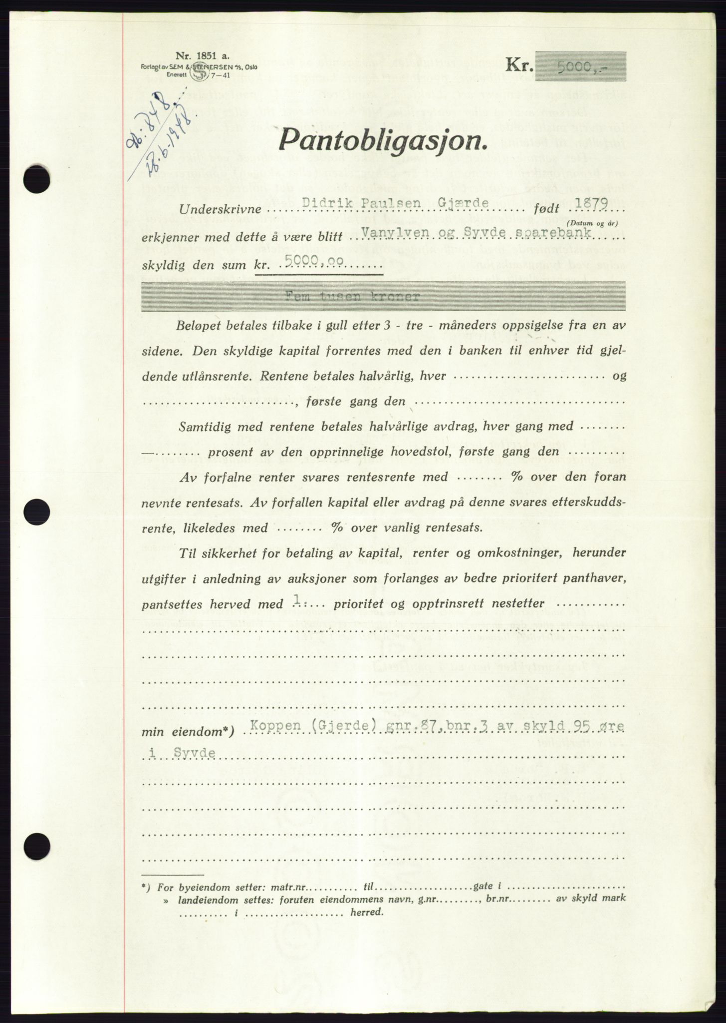 Søre Sunnmøre sorenskriveri, AV/SAT-A-4122/1/2/2C/L0116: Mortgage book no. 4B, 1948-1949, Diary no: : 848/1948