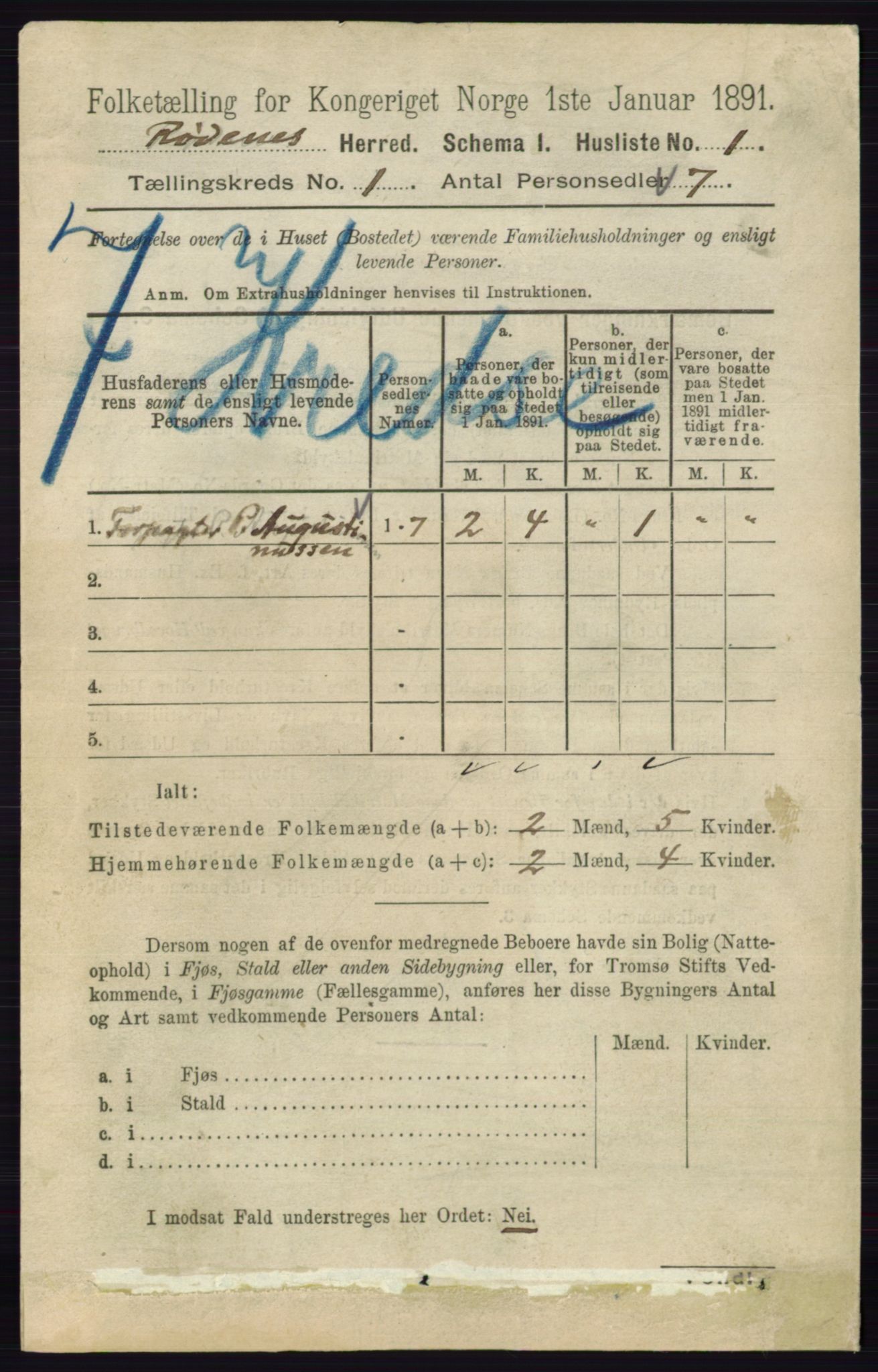 RA, 1891 census for 0120 Rødenes, 1891, p. 20