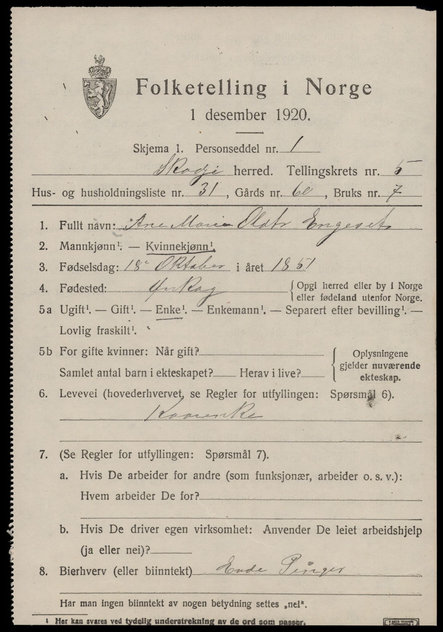 SAT, 1920 census for Skodje, 1920, p. 2617