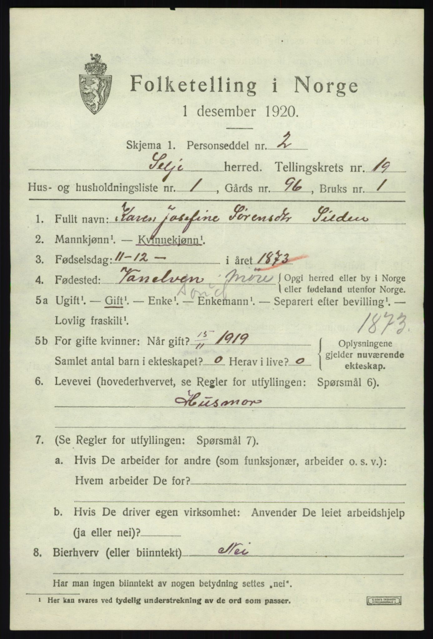 SAB, 1920 census for Selje, 1920, p. 8289