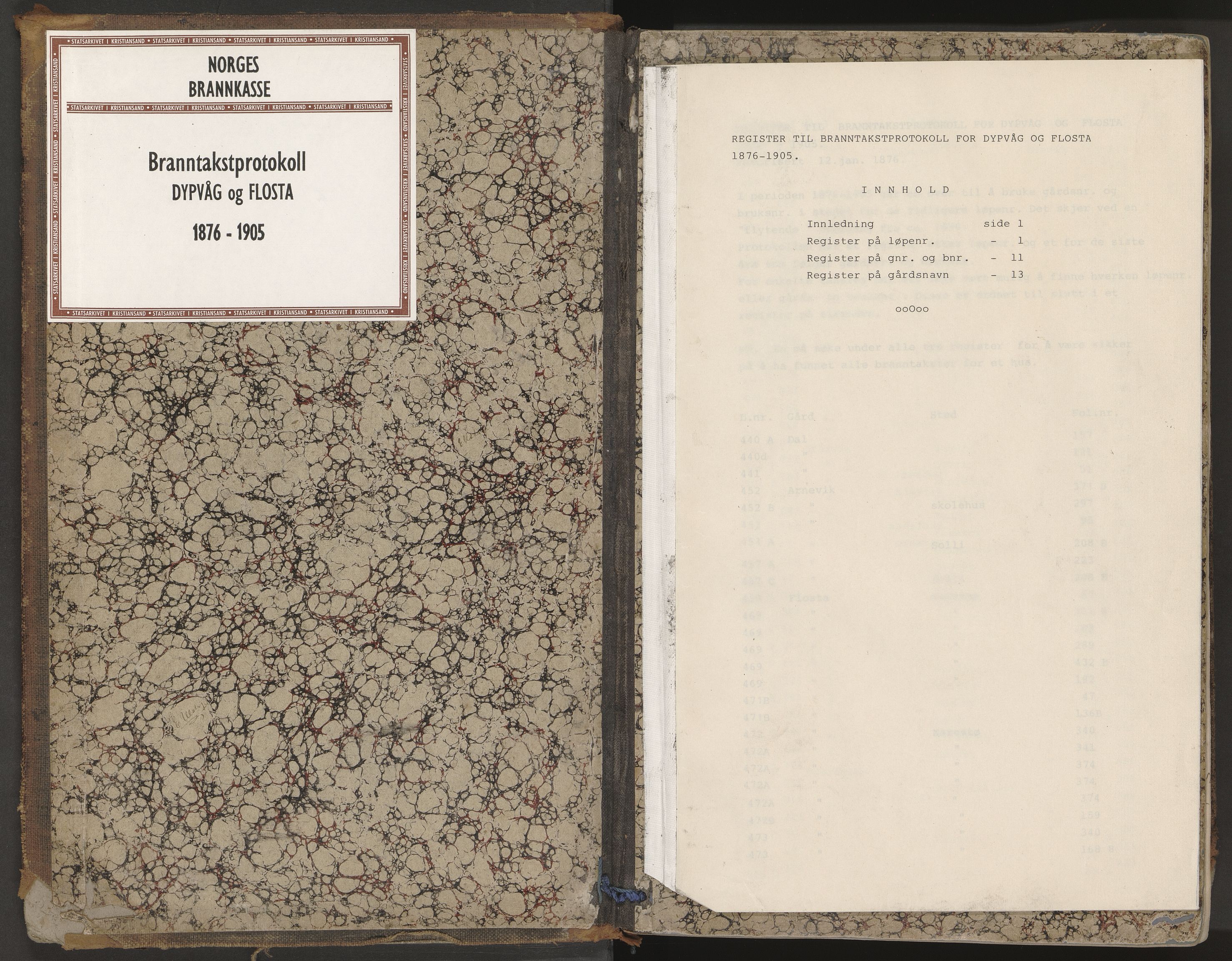 Norges Brannkasse Dypvåg og Flosta, AV/SAK-2241-0008/F/Fa/L0003: Branntakstprotokoll nr. 3 med gårdsnavnregister, 1876-1905