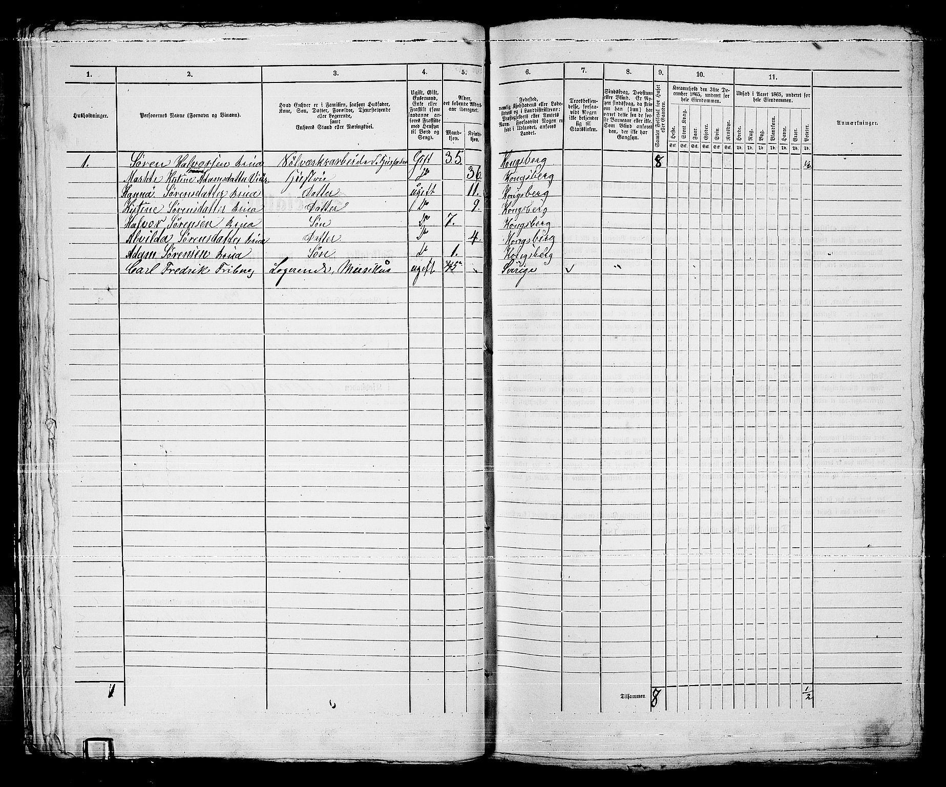 RA, 1865 census for Kongsberg/Kongsberg, 1865, p. 1058