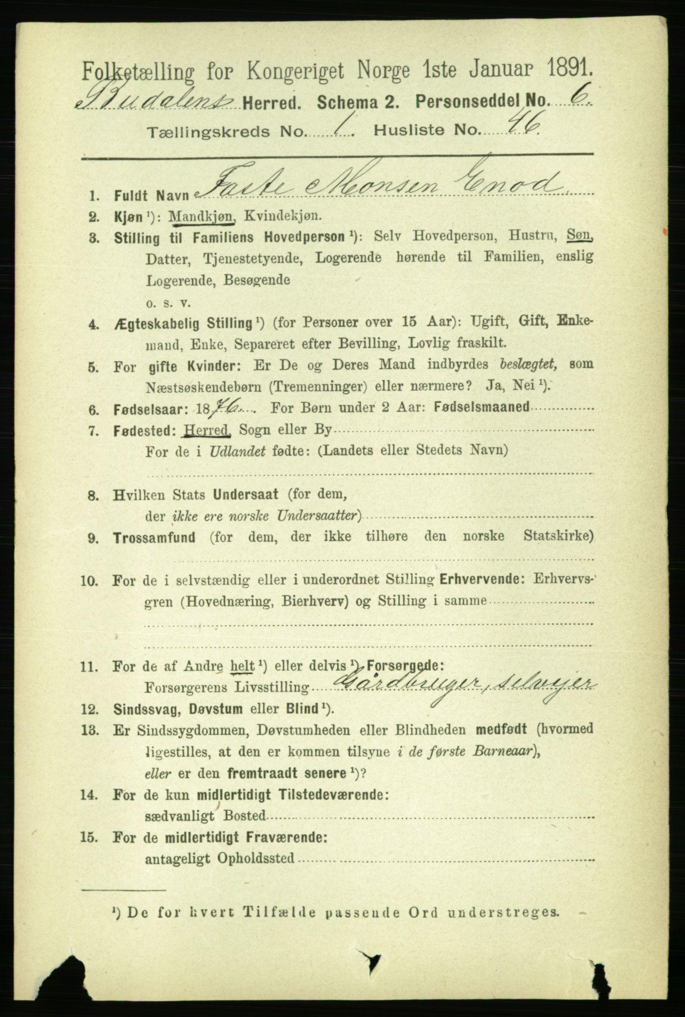 RA, 1891 census for 1647 Budal, 1891, p. 375