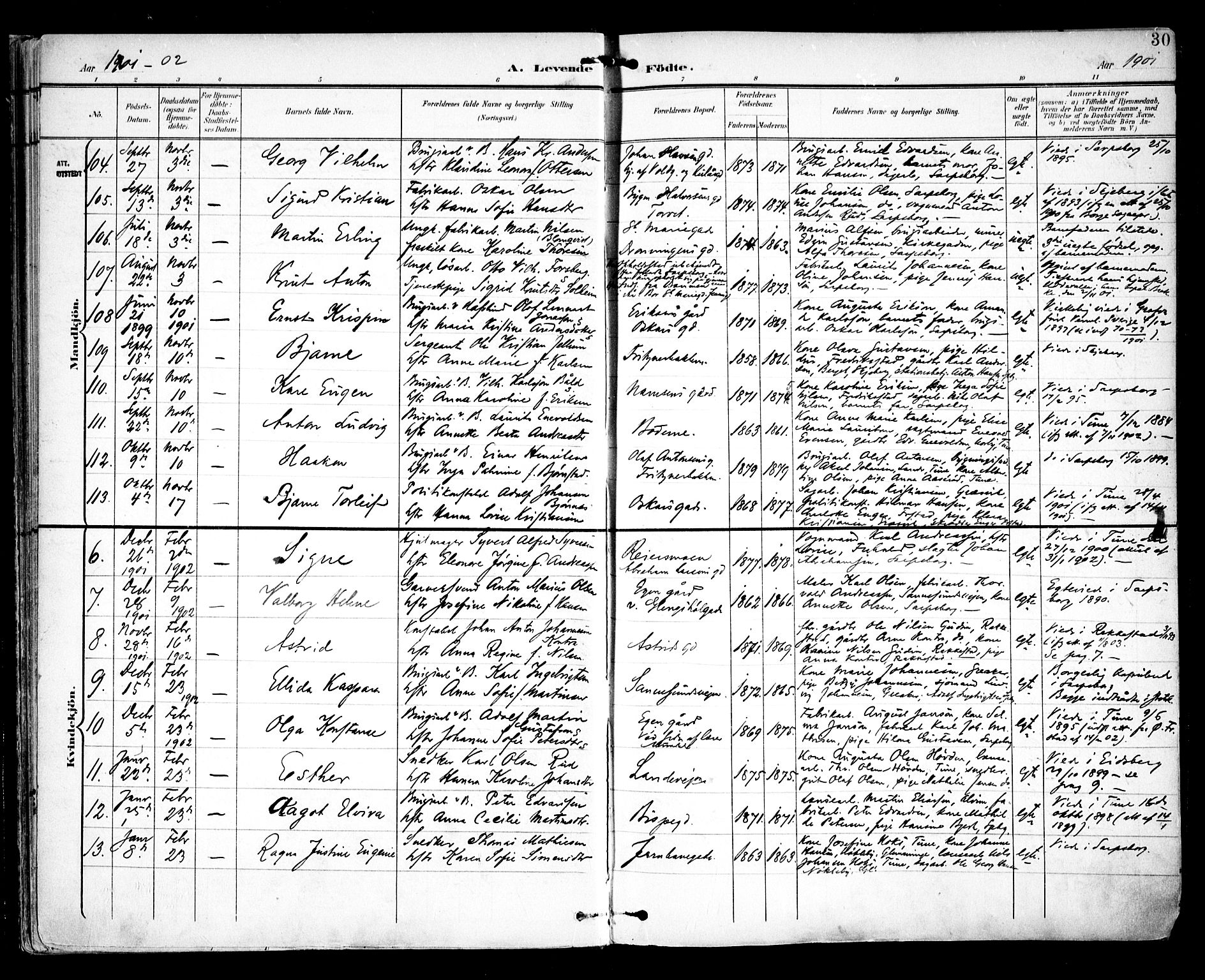 Sarpsborg prestekontor Kirkebøker, AV/SAO-A-2006/F/Fa/L0005: Parish register (official) no. 5, 1900-1909, p. 30