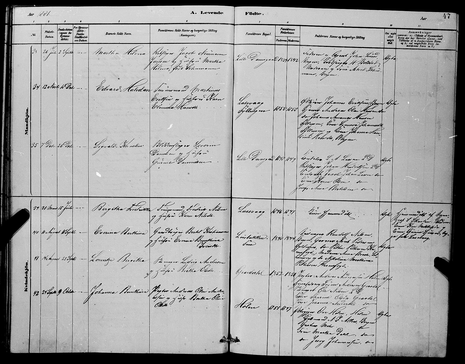 Laksevåg Sokneprestembete, AV/SAB-A-76501/H/Ha/Hab/Haba/L0002: Parish register (copy) no. A 2, 1877-1887, p. 47